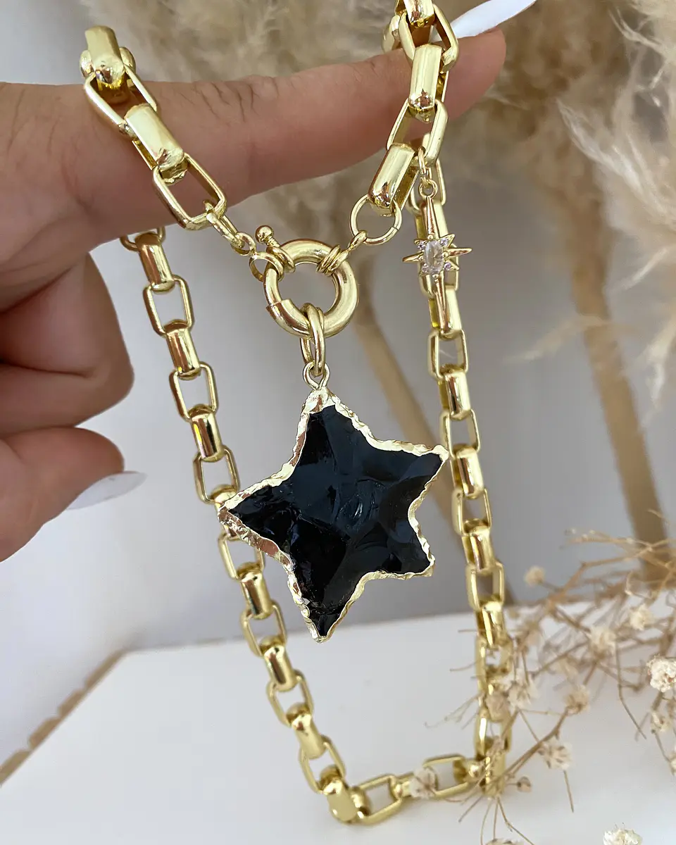 Collar Maxi Estrella Obsidiana Eslabones rectangulares gold  5