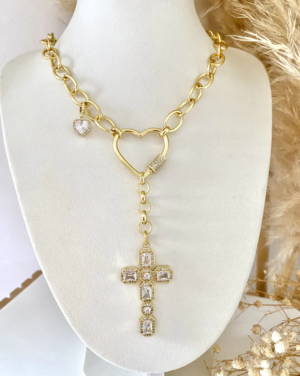 Collar Cruz Cristales conector Corazón gold  5