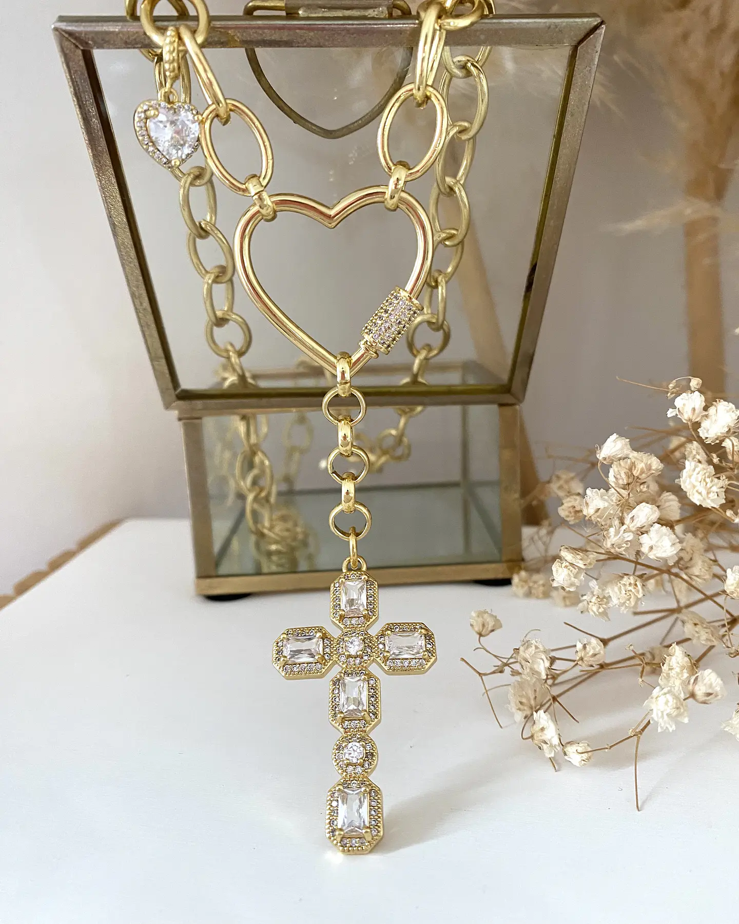 Collar Cruz Cristales conector Corazón gold  8