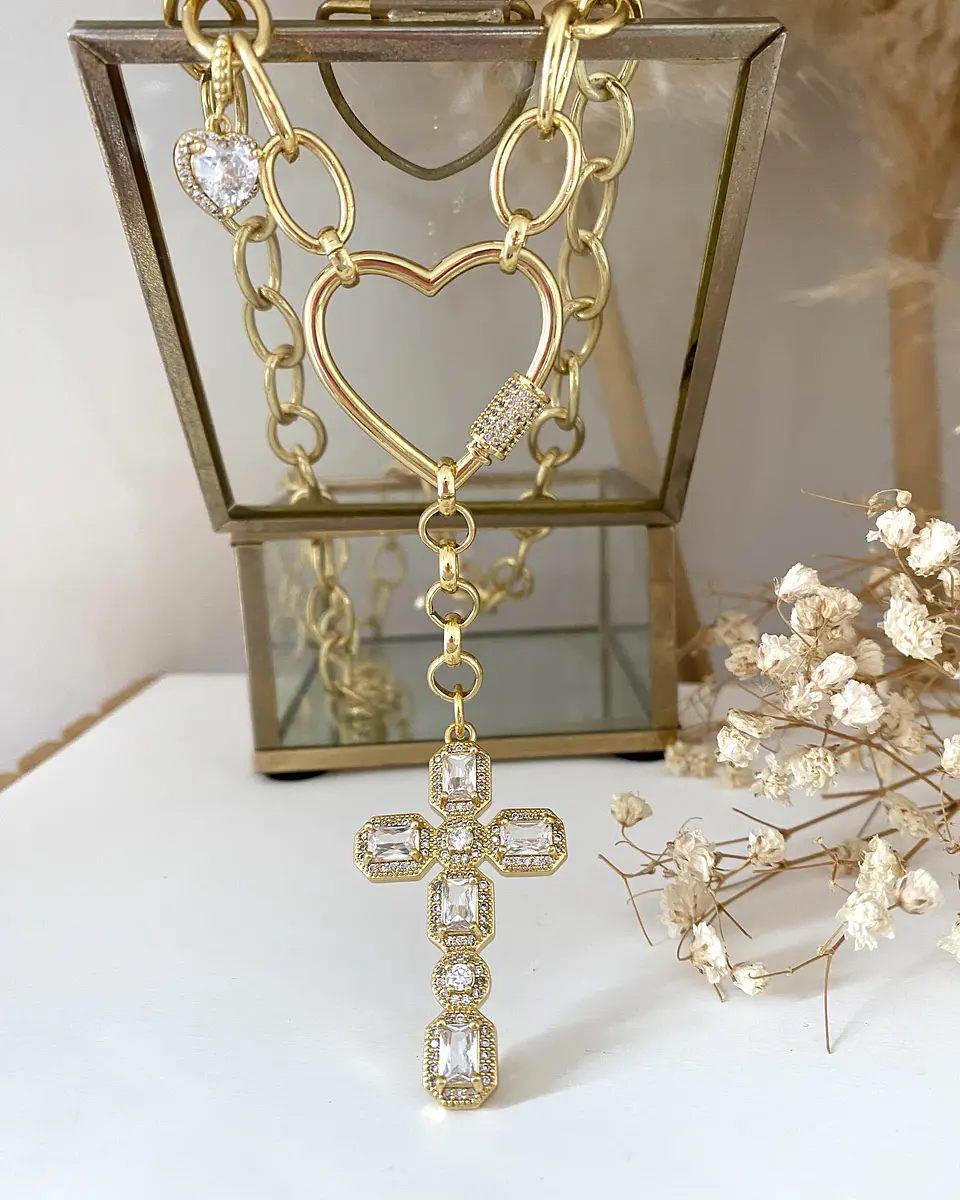 Collar Cruz Cristales conector Corazón gold  8