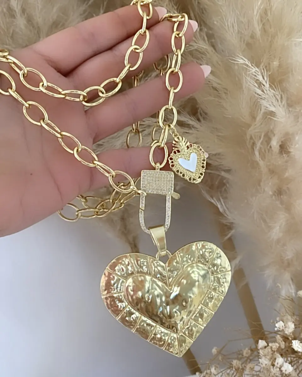 Collar XL Maxi Corazon Martillado maxi eslabones gold  4