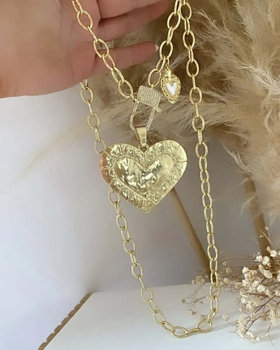 Collar XL Maxi Corazon Martillado maxi eslabones gold  7