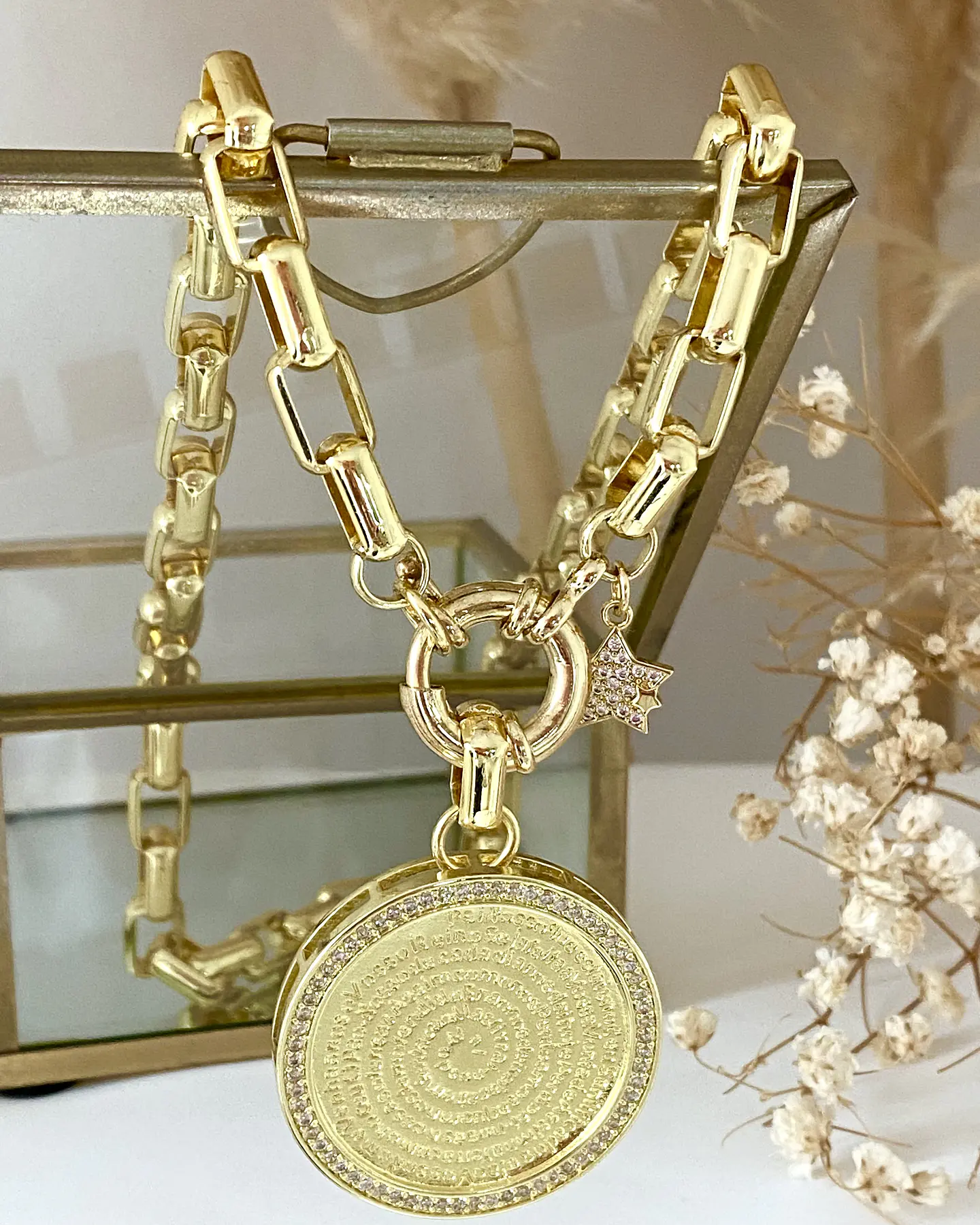 Collar Medallón Padre Nuestro Circones eslabones rectangulares macizos gold 4