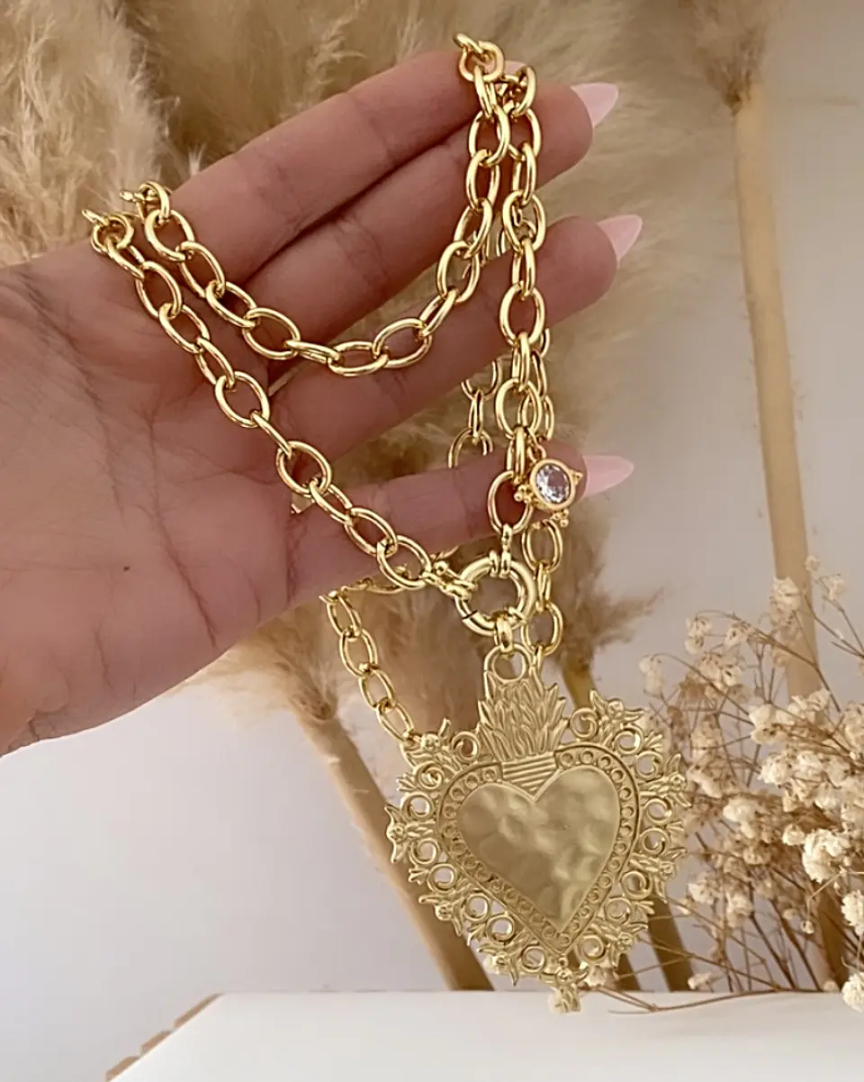 Collar XL Maxi Corazon Barroco Punto luz Gold 6