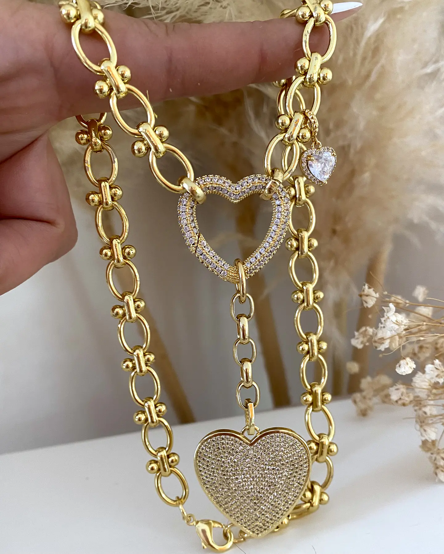 Collar Trío Corazones Circones Gold  1