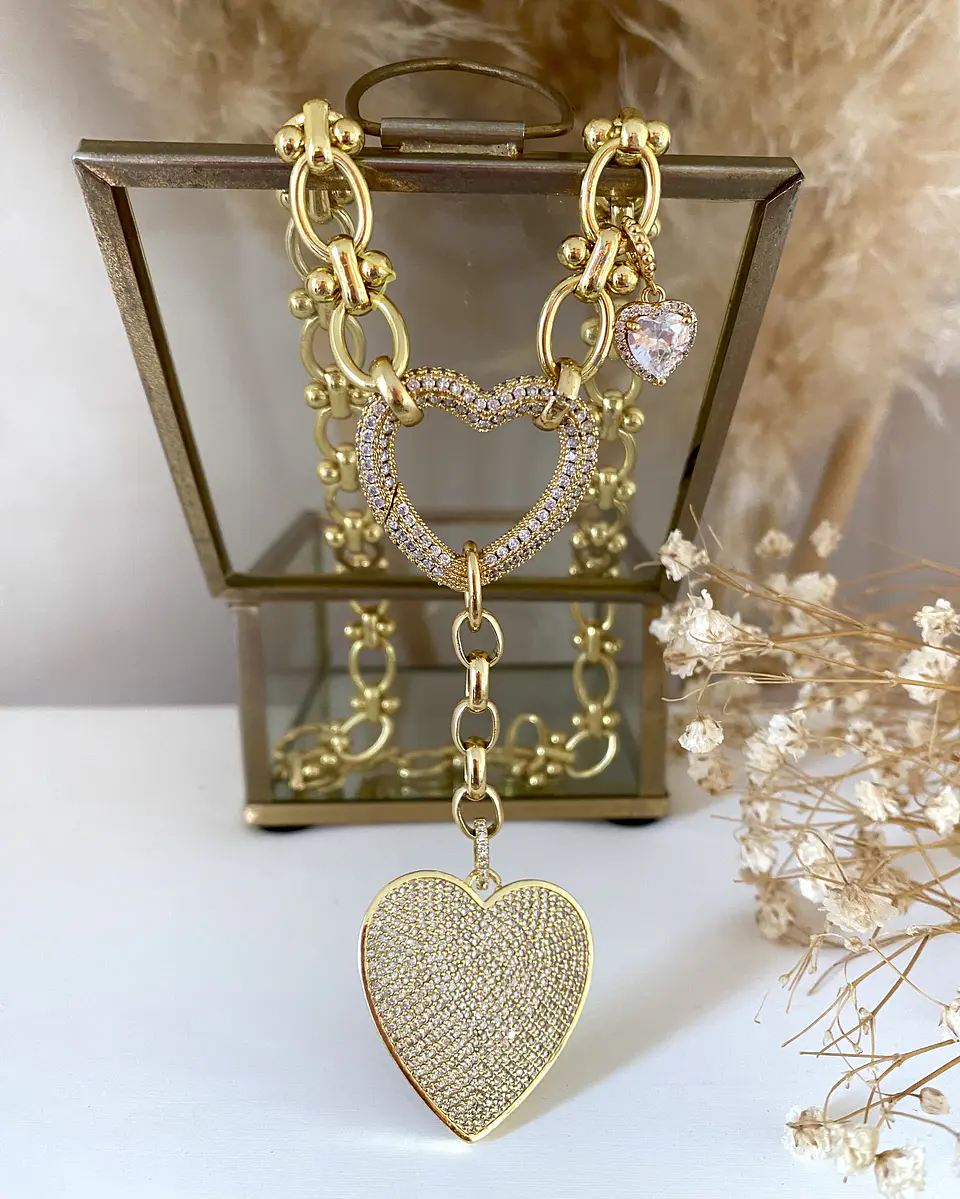 Collar Trío Corazones Circones Gold  2