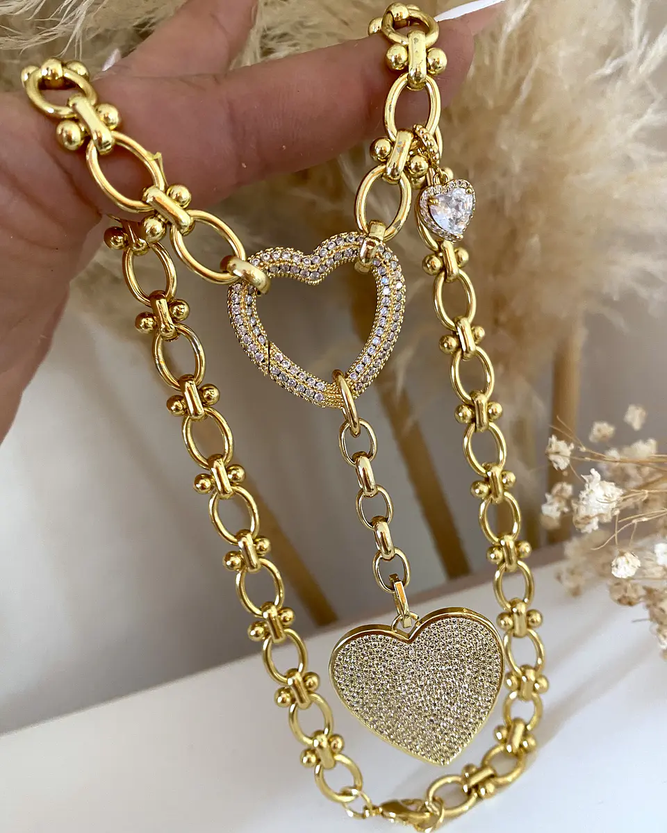 Collar Trío Corazones Circones Gold  3