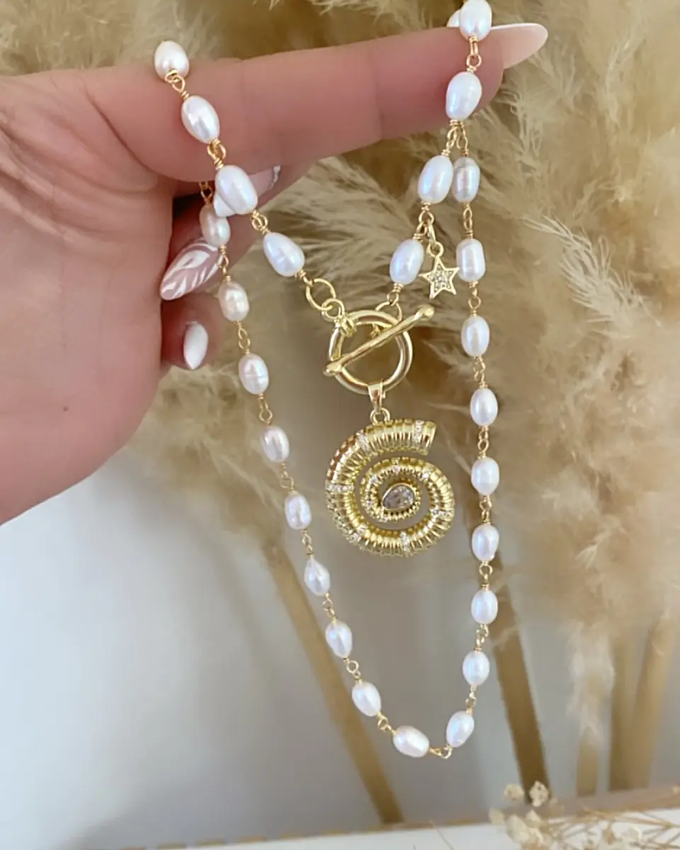 Collar Caracola  Perlas de Río gold 3