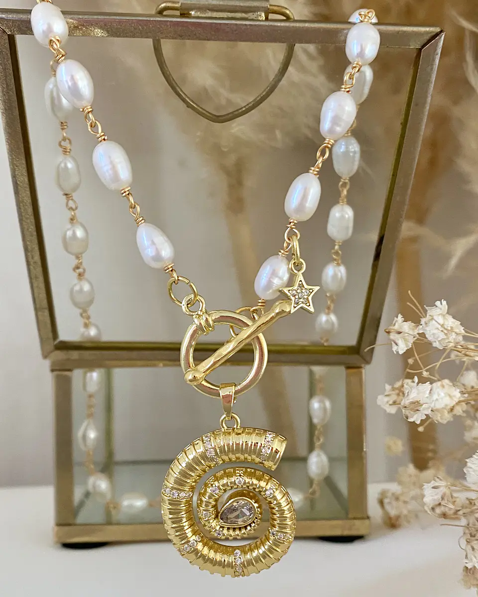 Collar Caracola  Perlas de Río gold 4