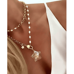 Collar XL Estrella Cuarzo Tornasol con  Perlas de río