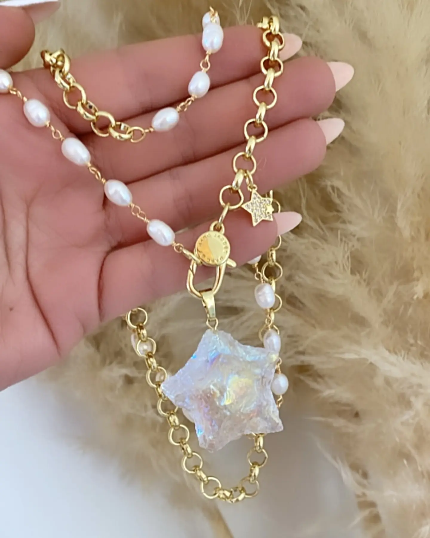 Collar XL Estrella Cuarzo Tornasol con  Perlas de río 3