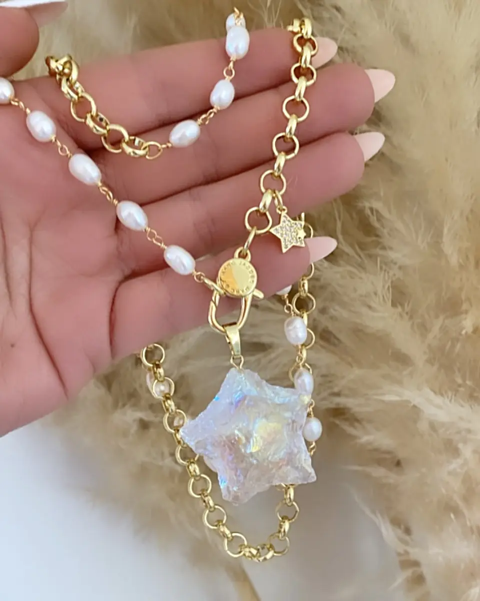 Collar XL Estrella Cuarzo Tornasol con  Perlas de río 3