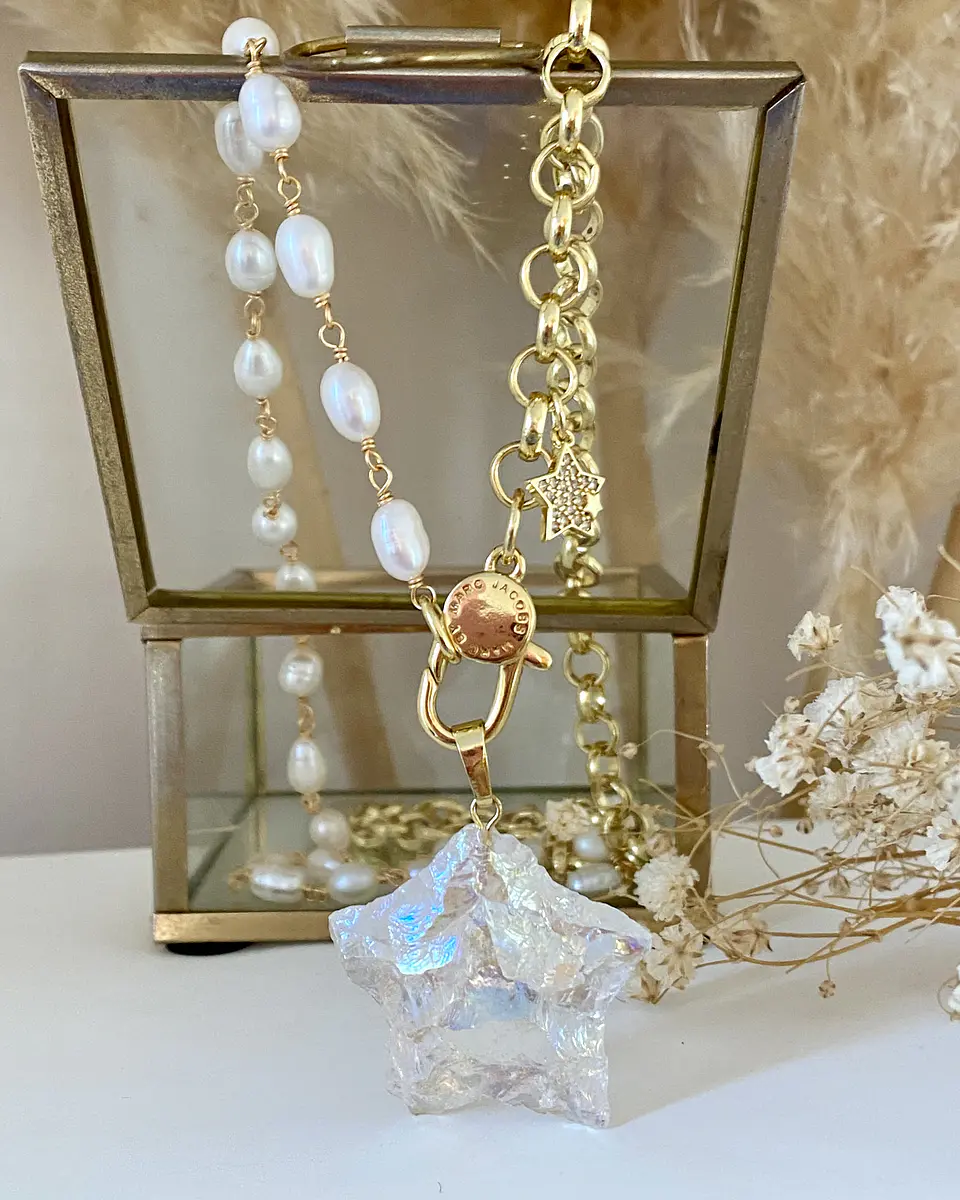 Collar XL Estrella Cuarzo Tornasol con  Perlas de río 4