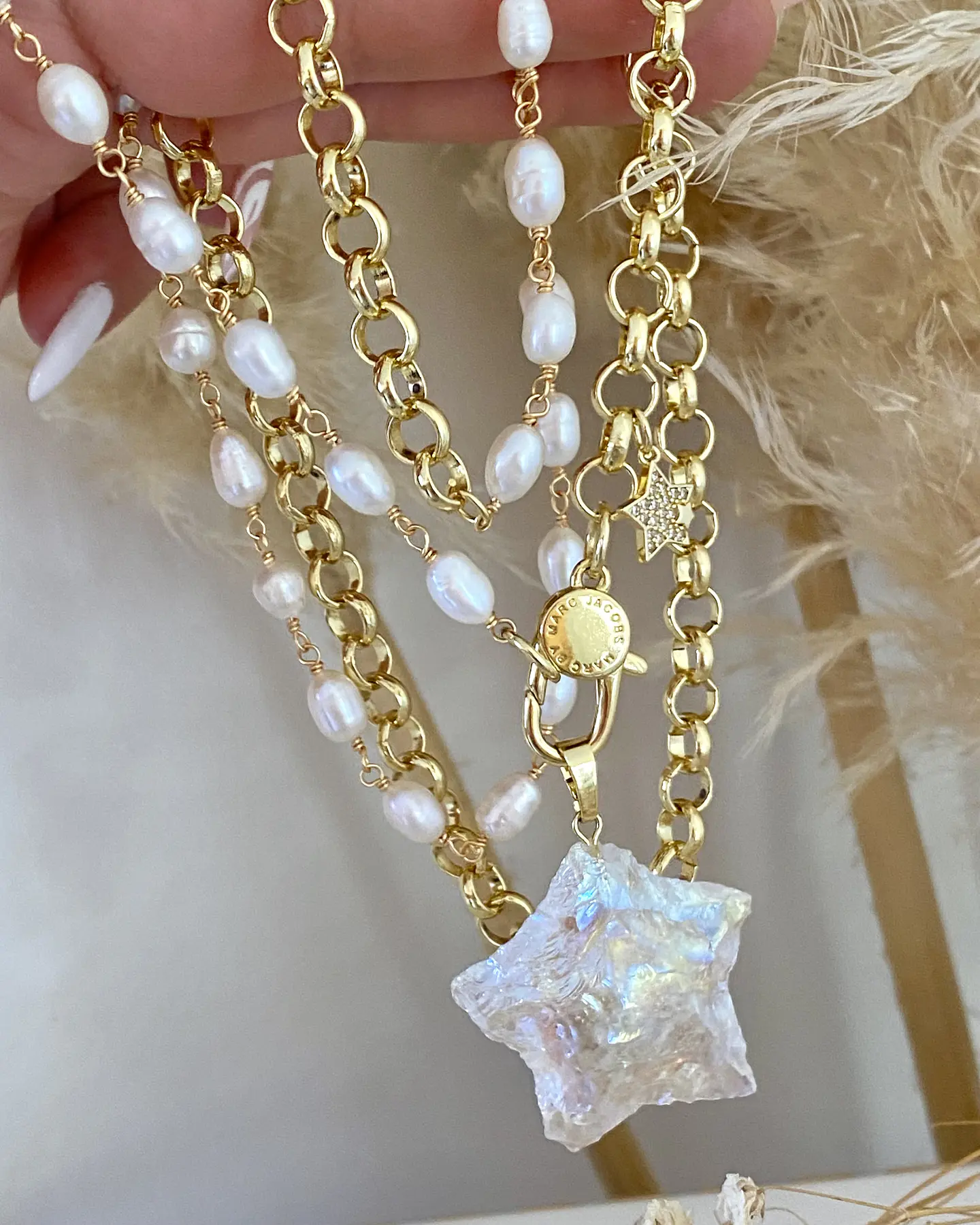 Collar XL Estrella Cuarzo Tornasol con  Perlas de río 2