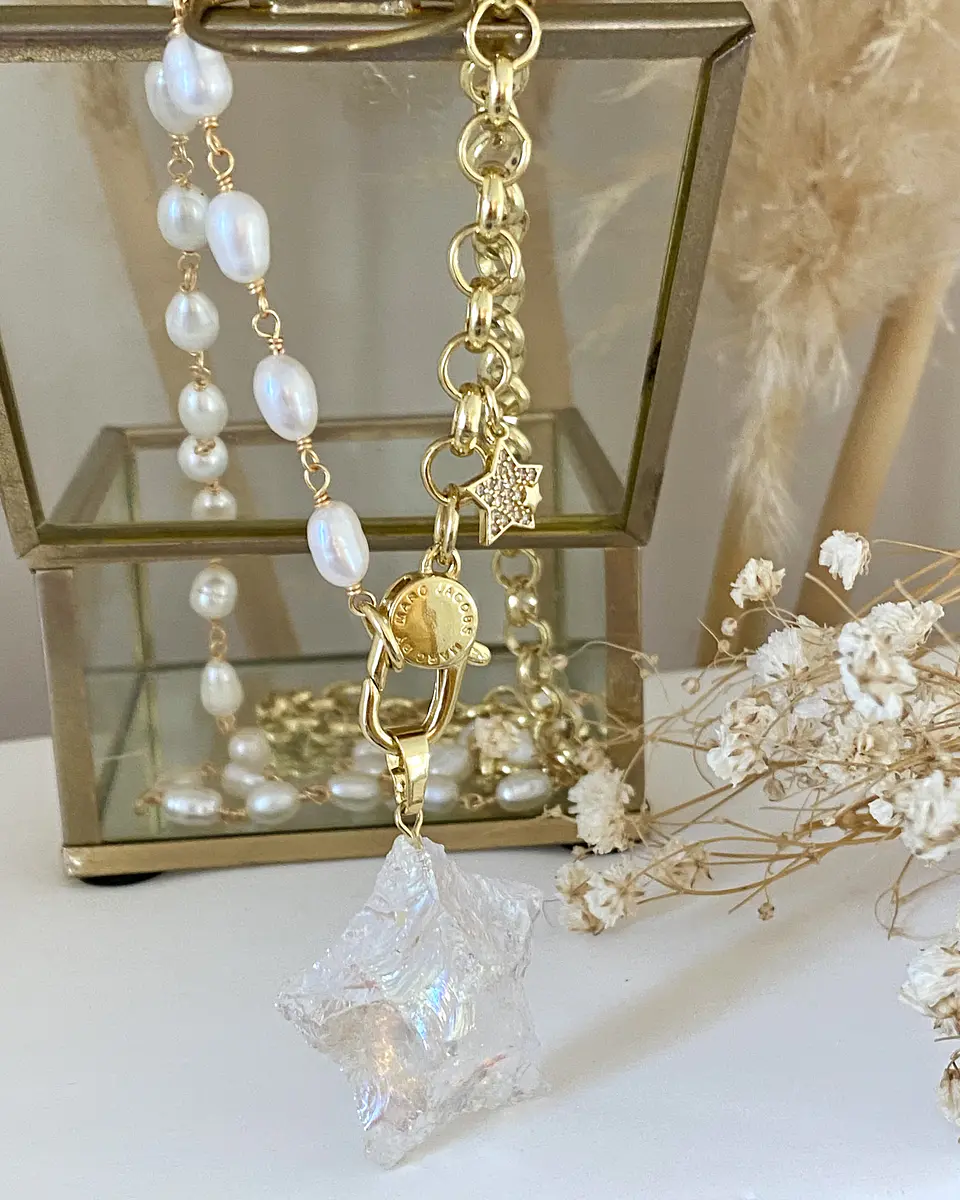 Collar XL Estrella Cuarzo Tornasol con  Perlas de río 7