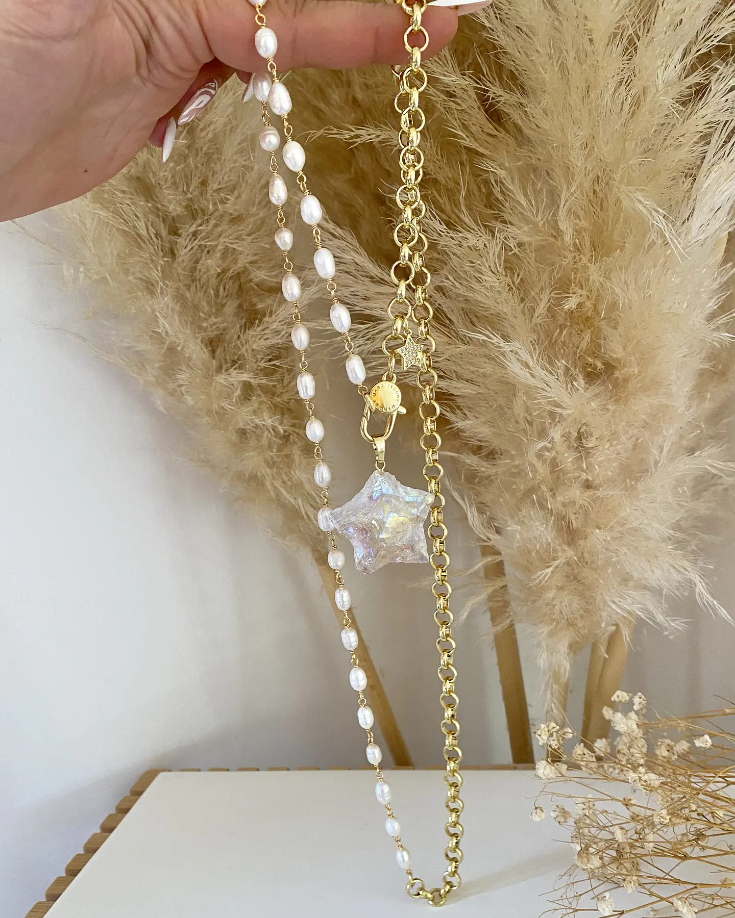 Collar XL Estrella Cuarzo Tornasol con  Perlas de río 8