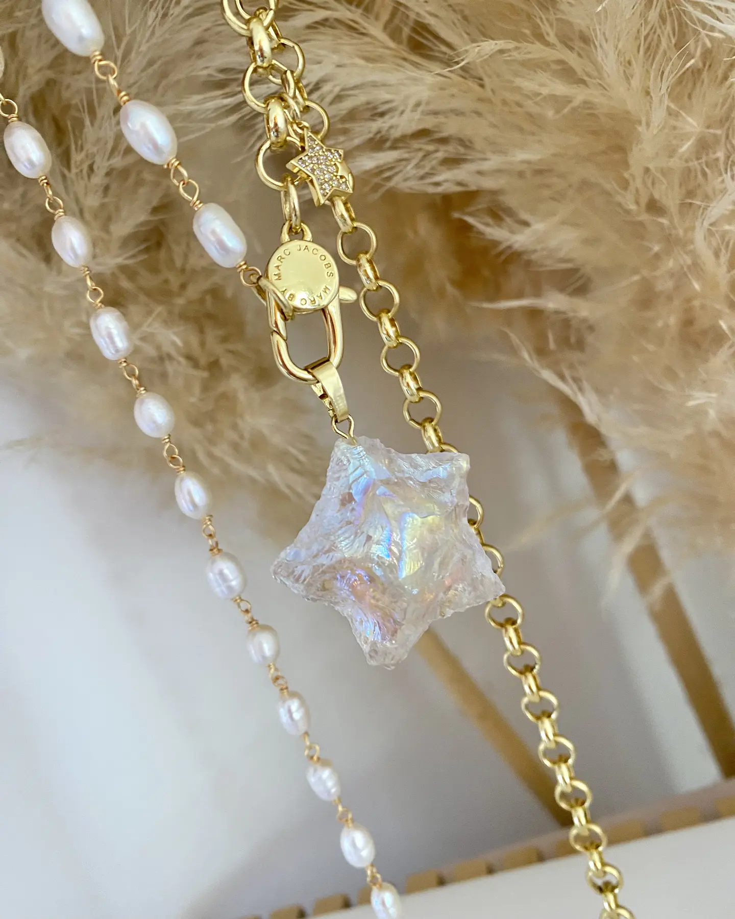 Collar XL Estrella Cuarzo Tornasol con  Perlas de río 9