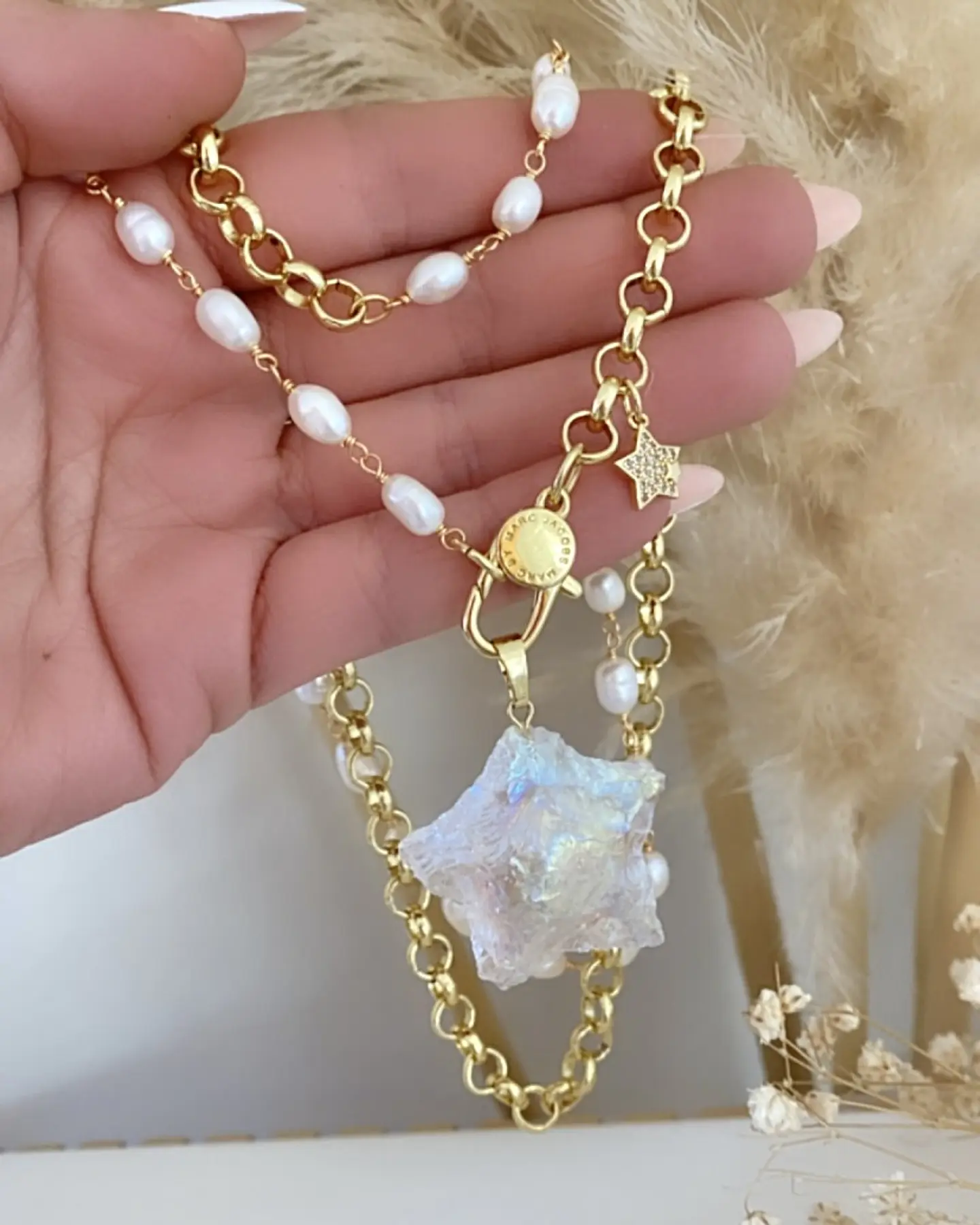 Collar XL Estrella Cuarzo Tornasol con  Perlas de río 10