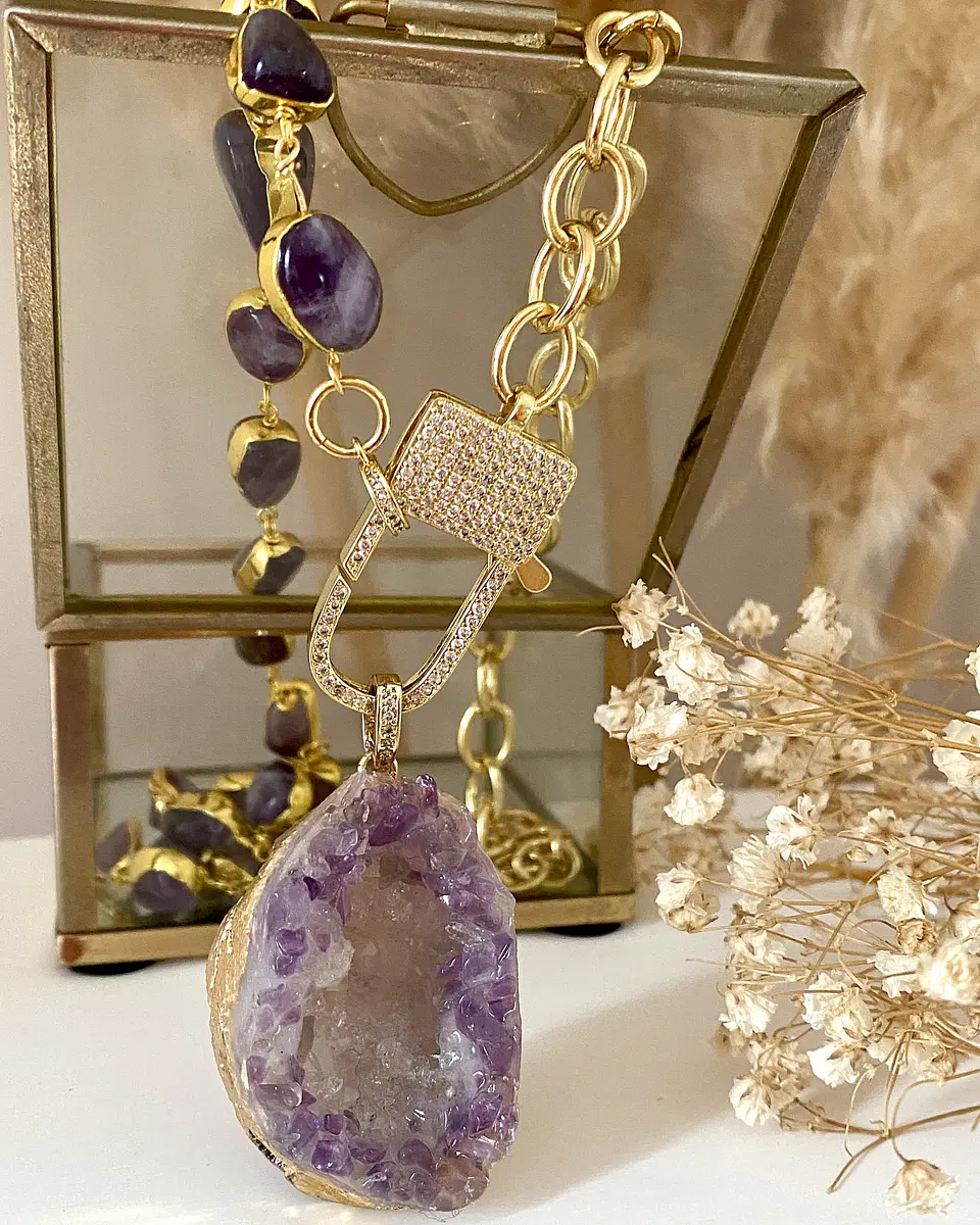 Collar XL Maxi cuarzo Amatistas eslabones broche candado luxury gold 1