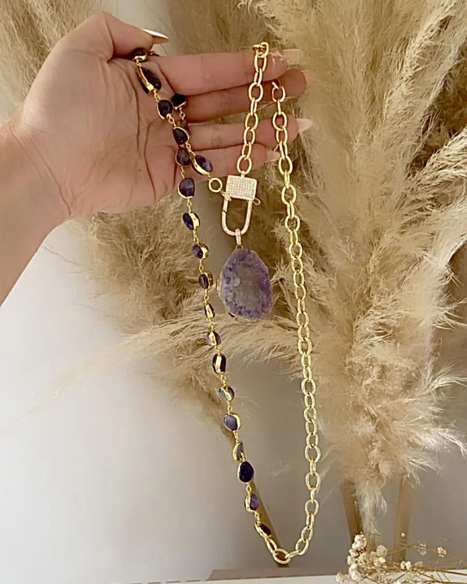 Collar XL Maxi cuarzo Amatistas eslabones broche candado luxury gold 7