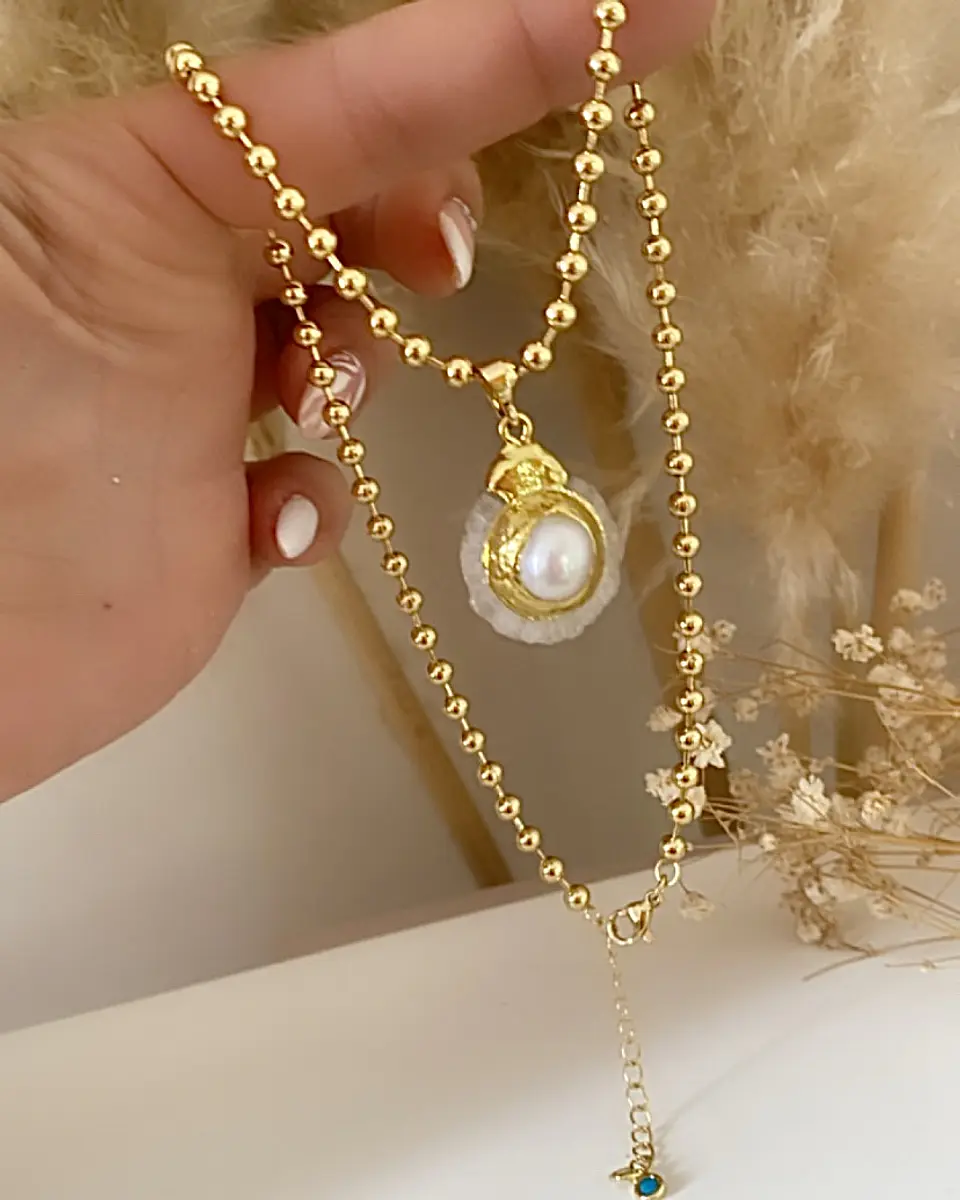 Collar balines dije Cuarzo Perla gold 2