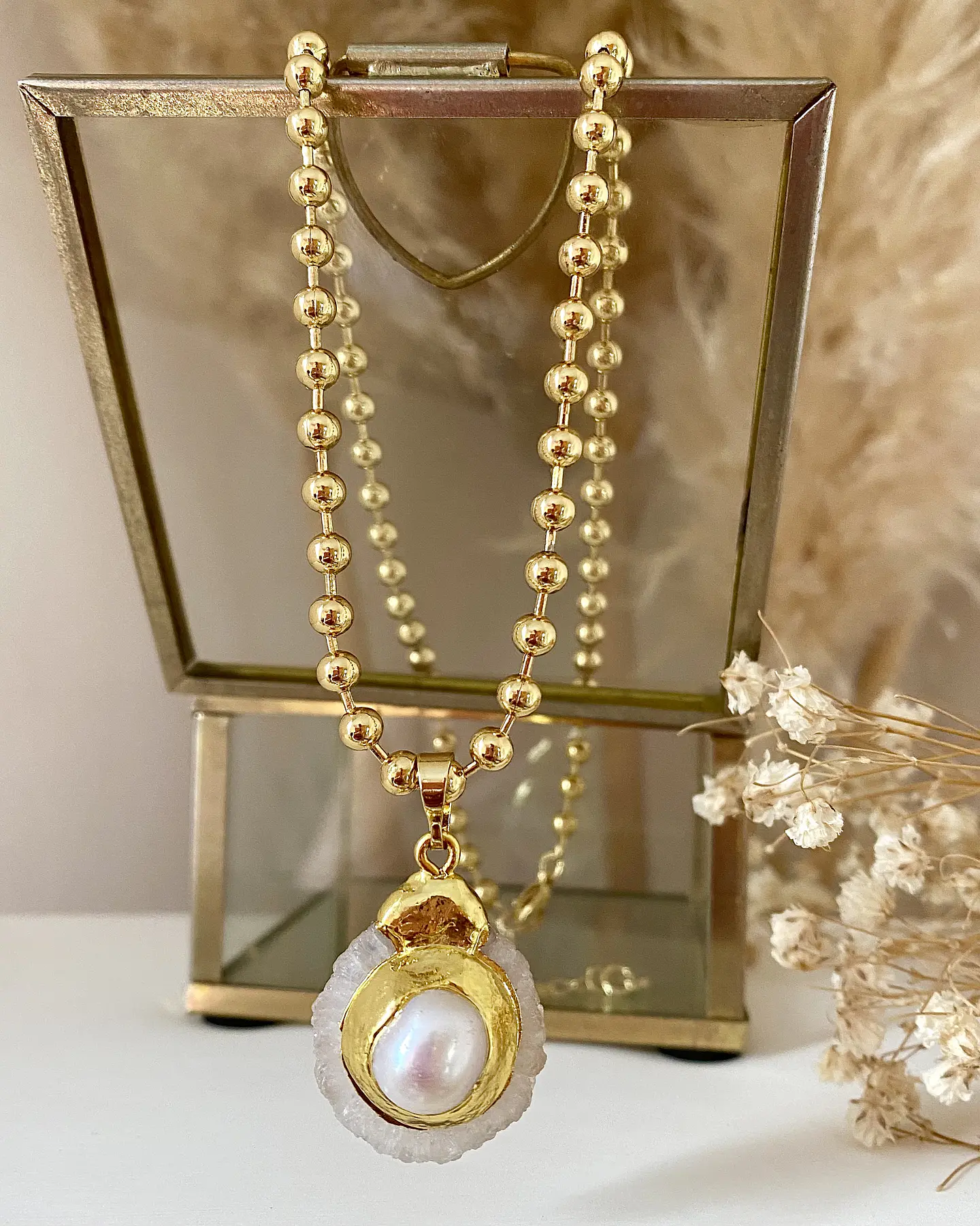 Collar balines dije Cuarzo Perla gold 3
