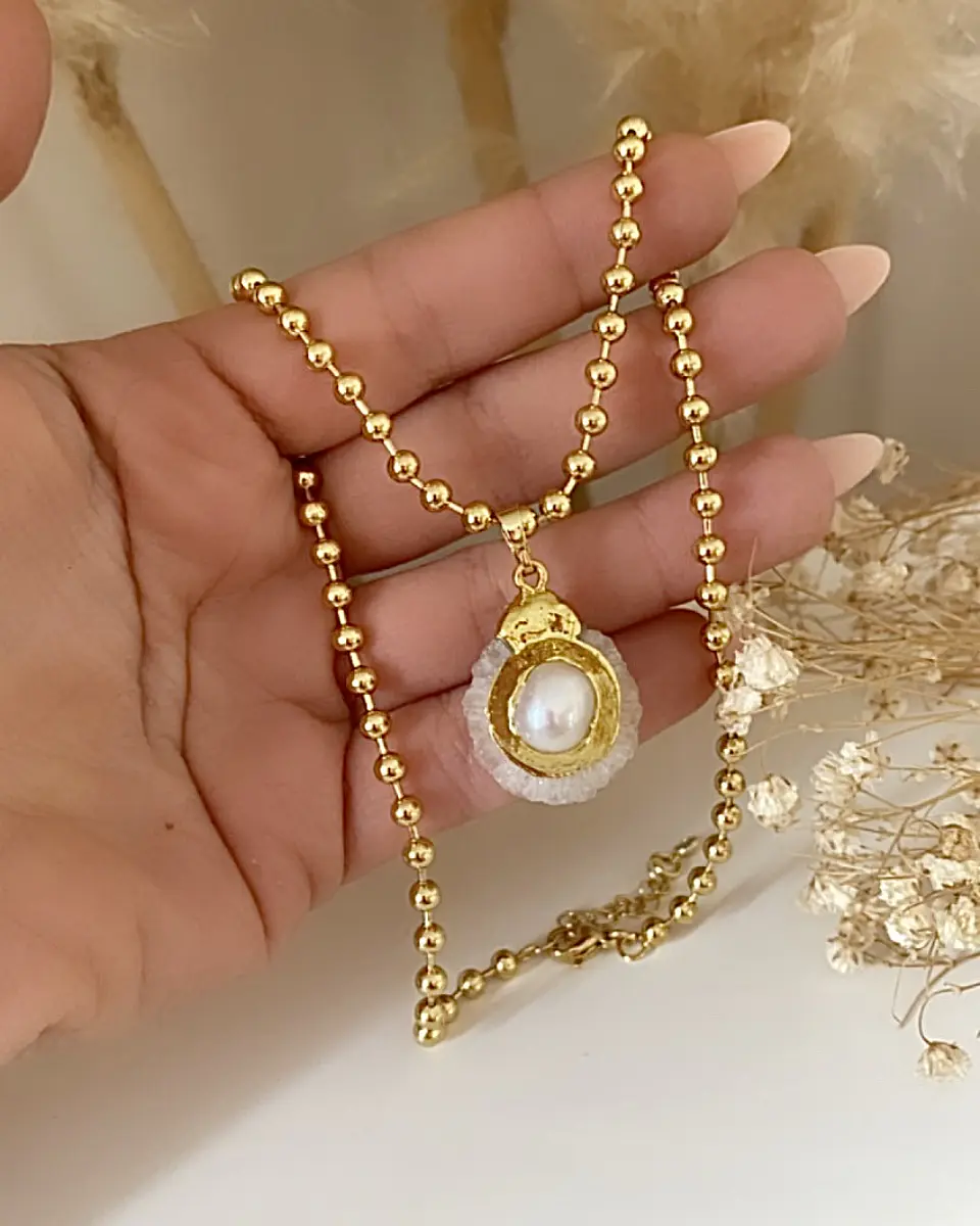 Collar balines dije Cuarzo Perla gold 4