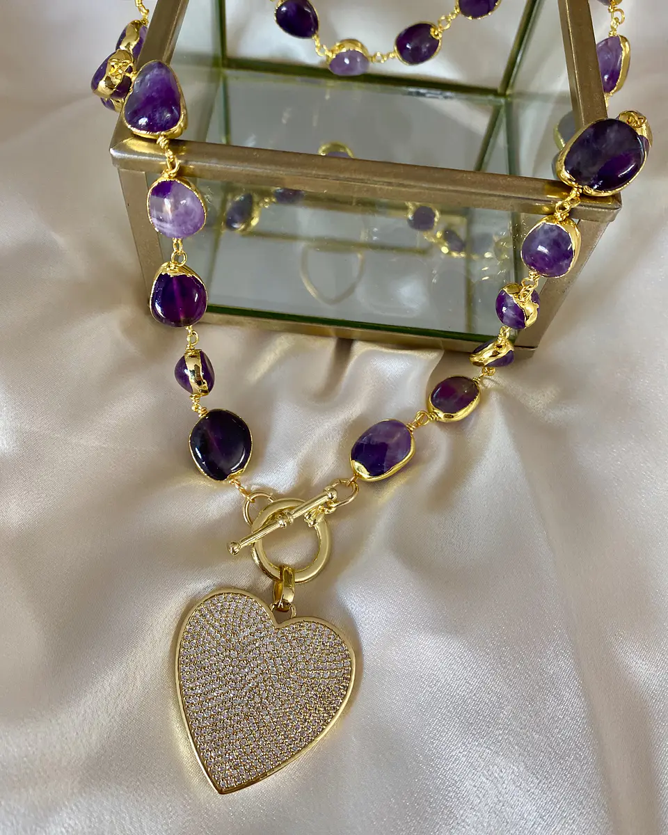 Collar Amatistas Pulidas Corazón Circones Gold 3