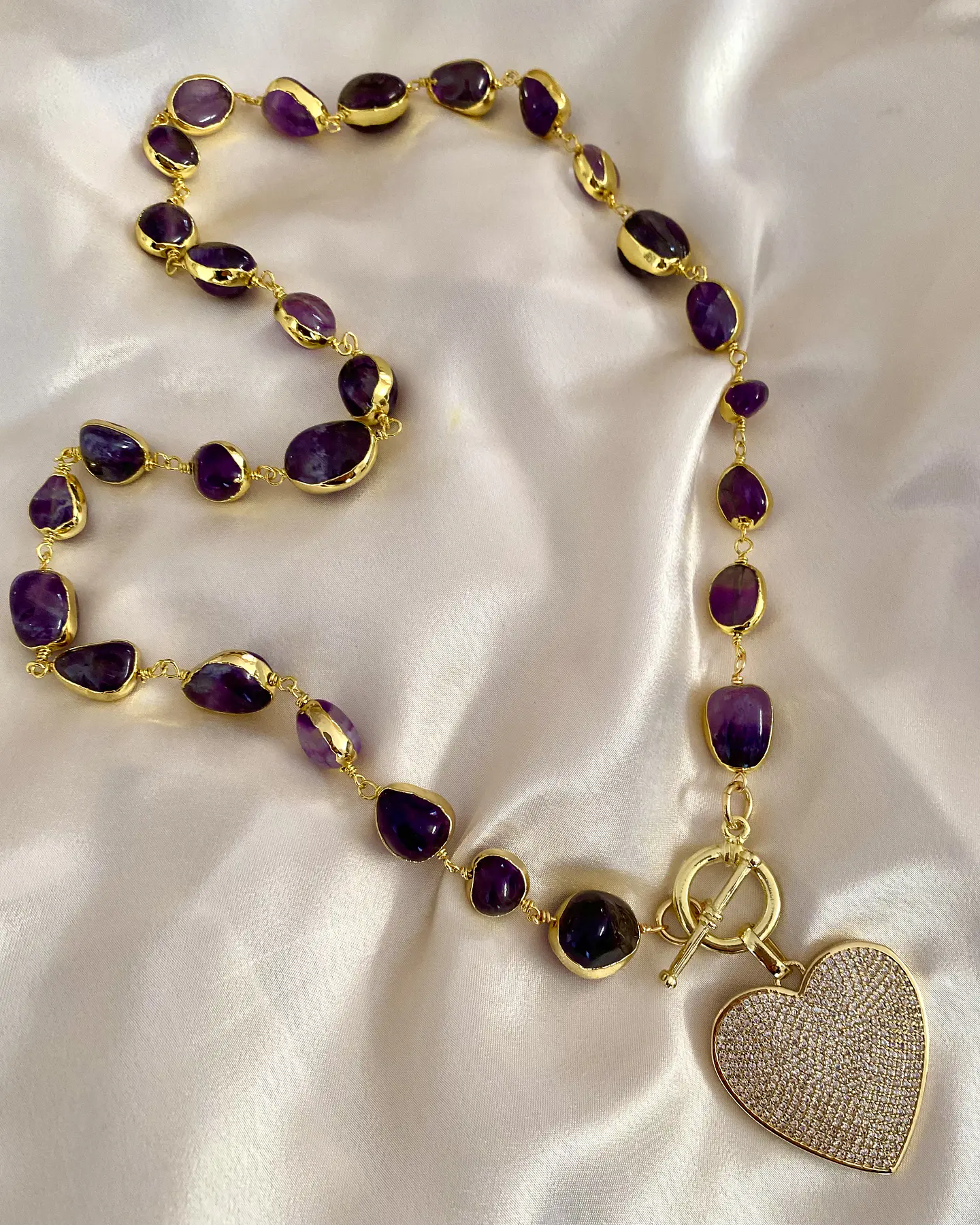 Collar Amatistas Pulidas Corazón Circones Gold 5