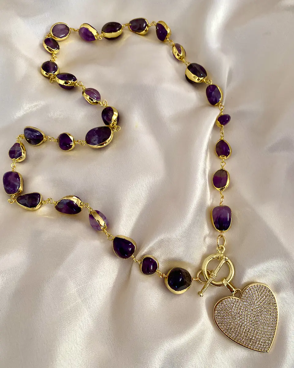 Collar Amatistas Pulidas Corazón Circones Gold 5