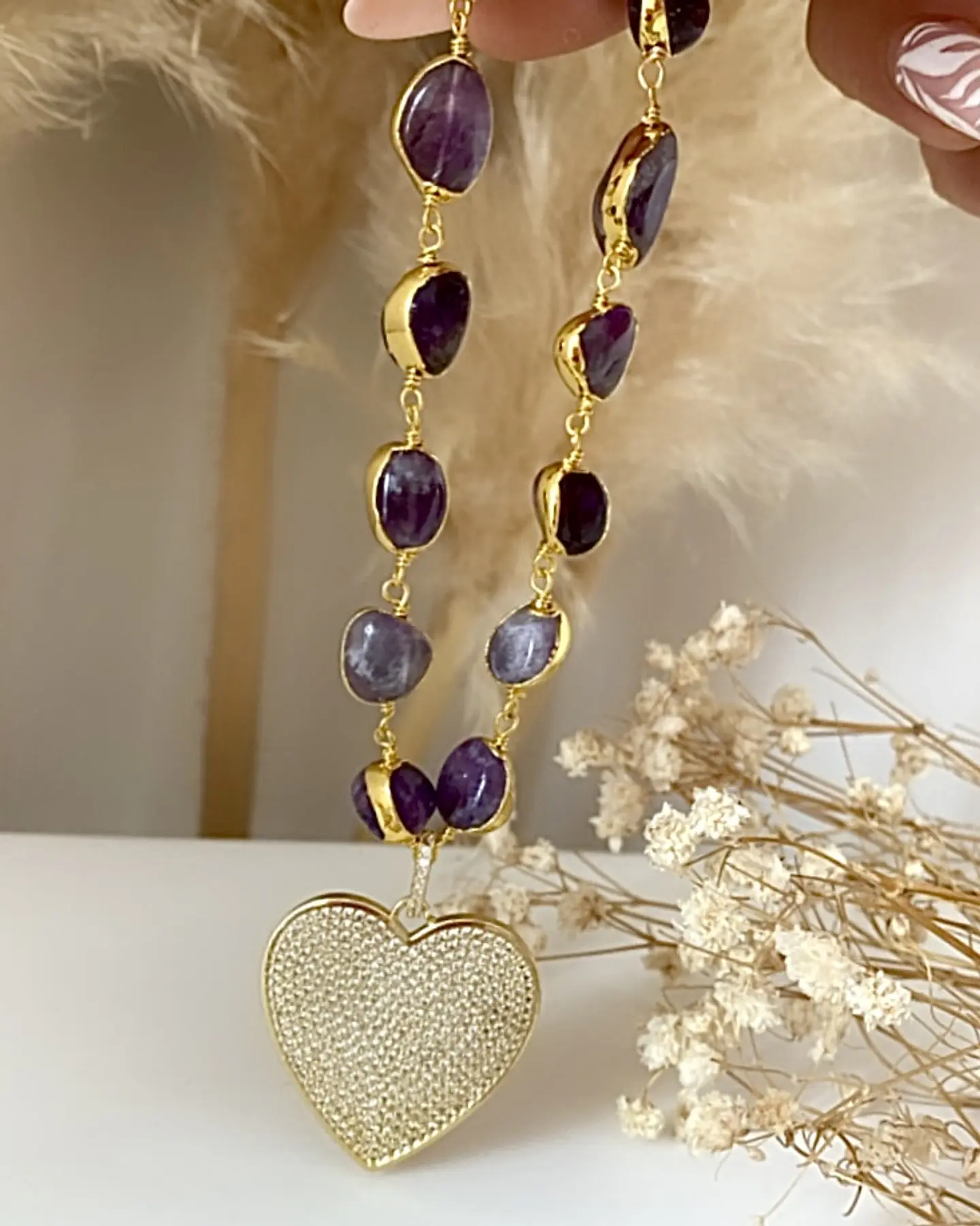 Pulsera Amatistas pulidas Corazón Circones Gold  2