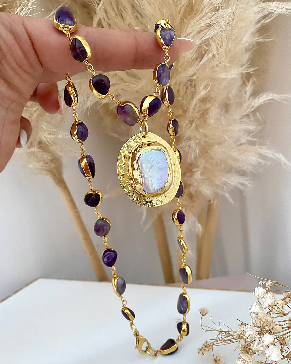 Collar Amatistas Pulidas Medallón Perla Gold 4
