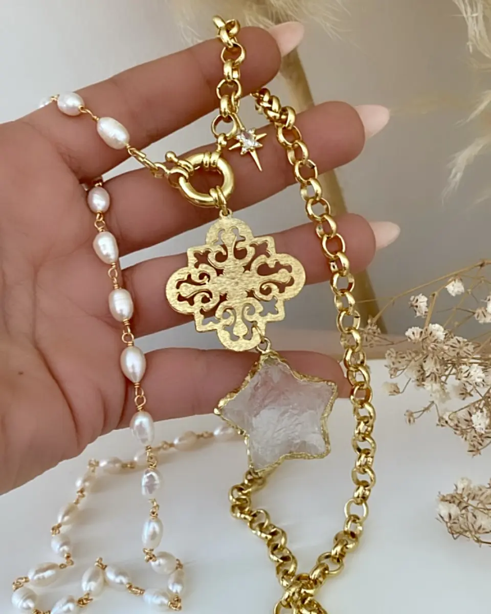 Collar XL Estrella Cuarzo Perlas Gold 1