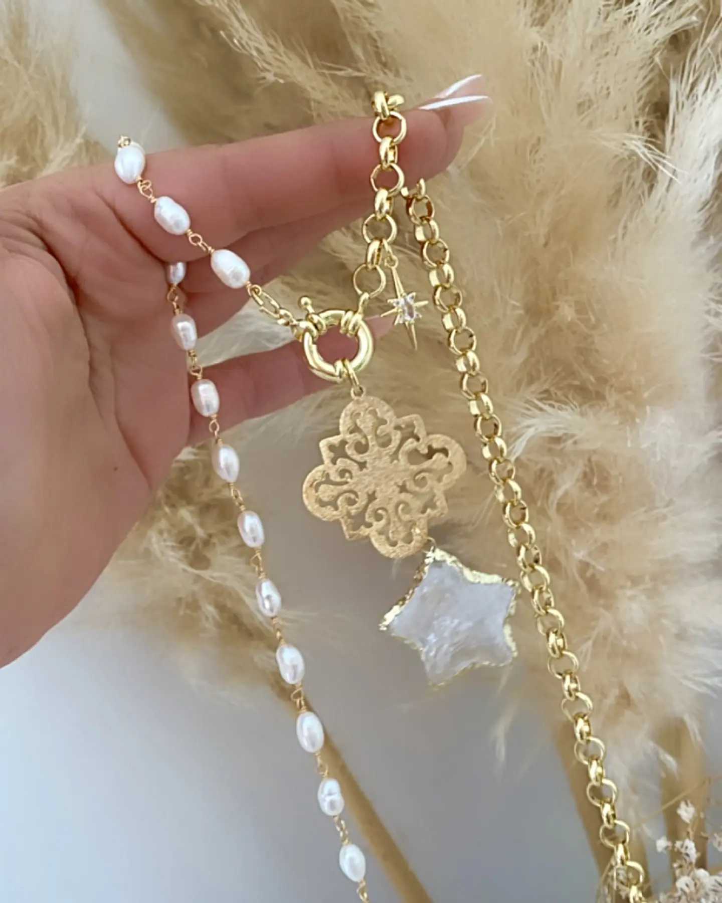 Collar XL Estrella Cuarzo Perlas Gold 2