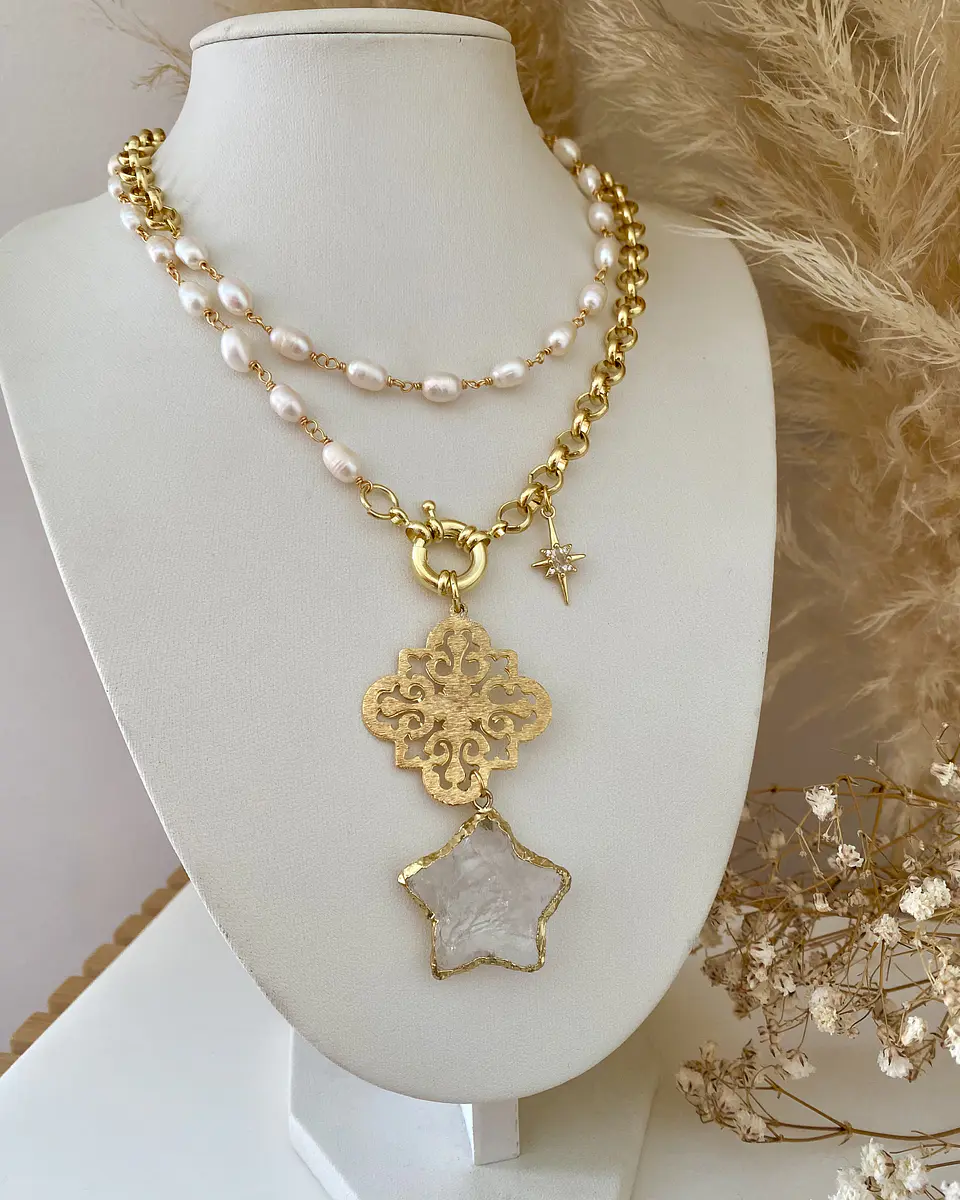 Collar XL Estrella Cuarzo Perlas Gold 3