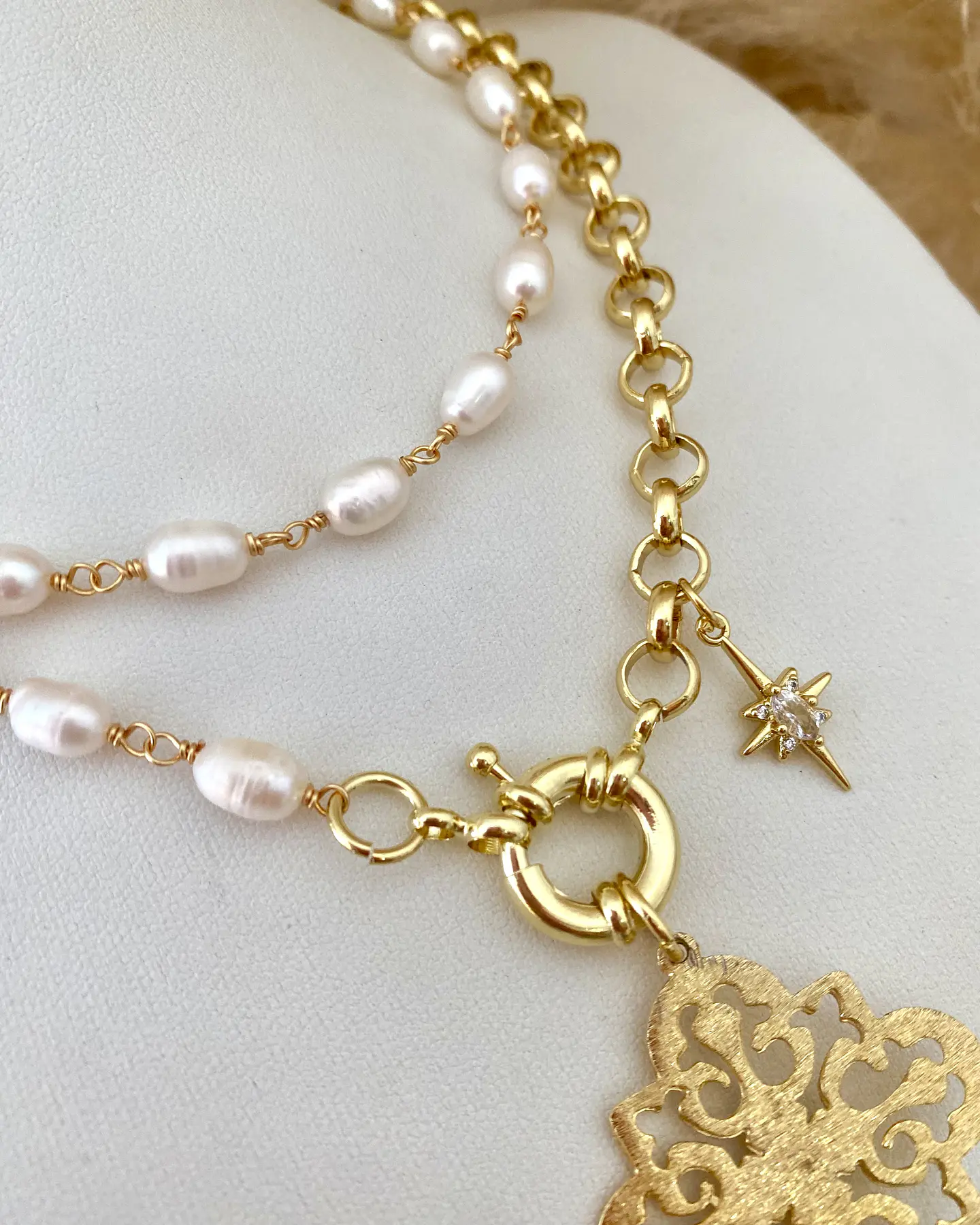Collar XL Estrella Cuarzo Perlas Gold 4