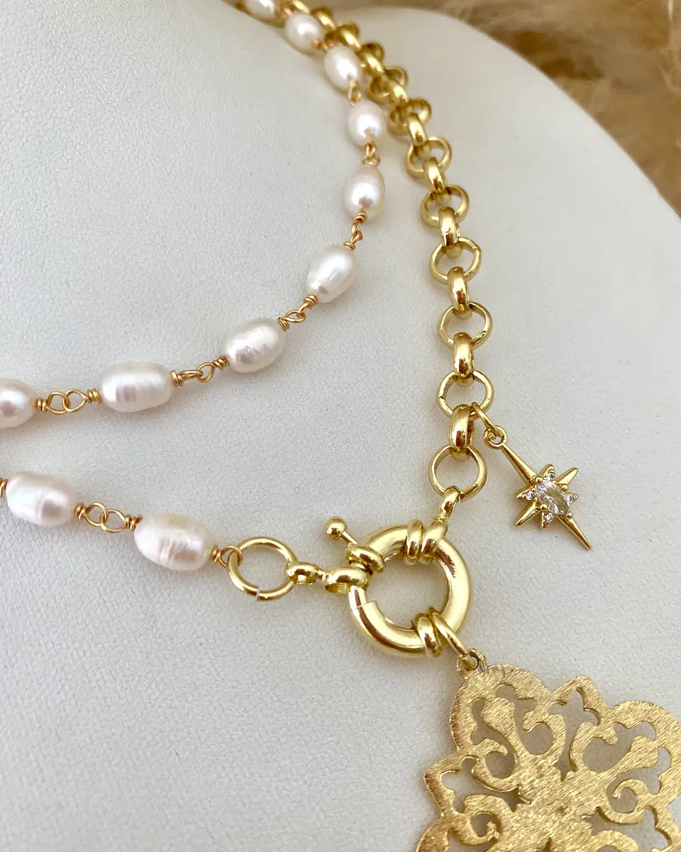 Collar XL Estrella Cuarzo Perlas Gold 4