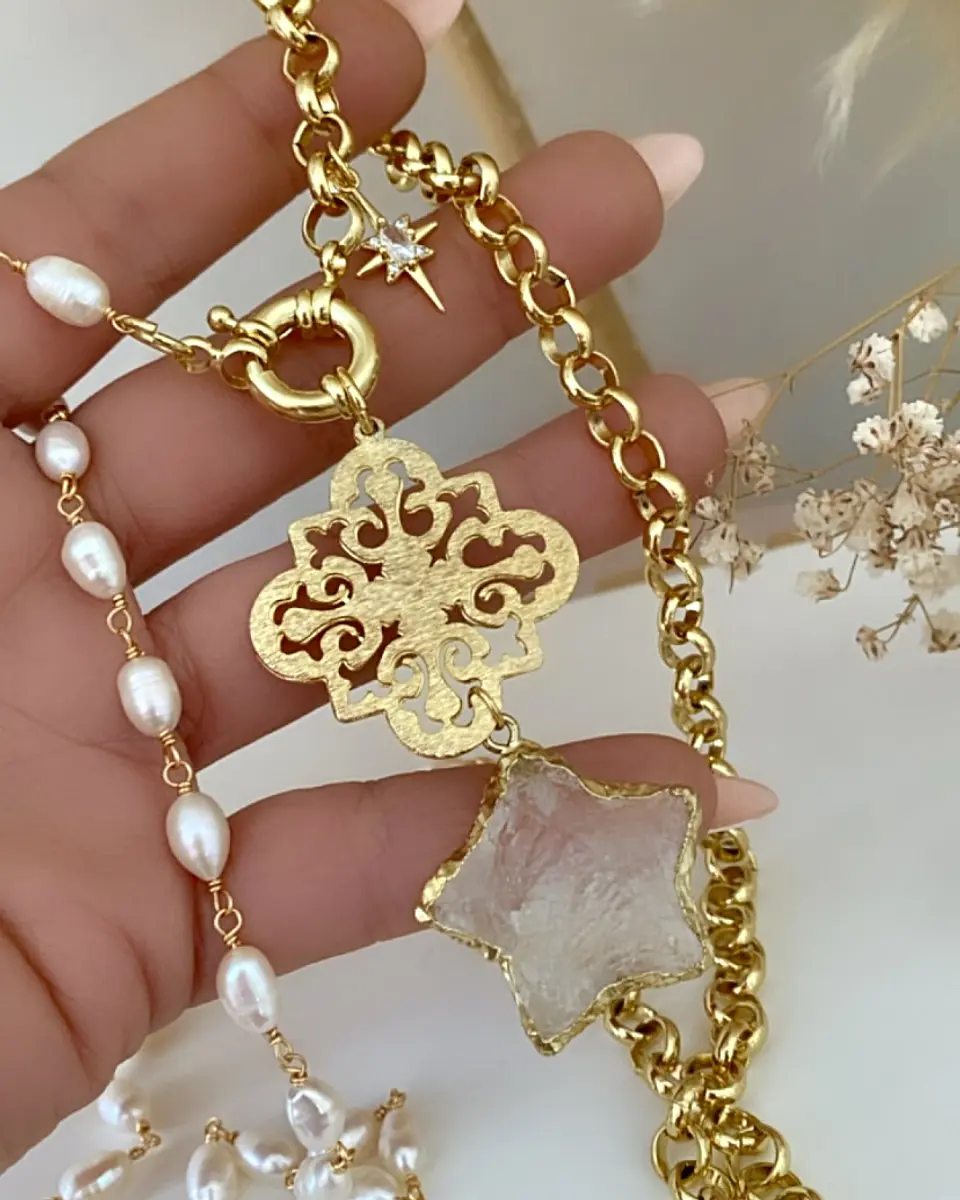 Collar XL Estrella Cuarzo Perlas Gold 5