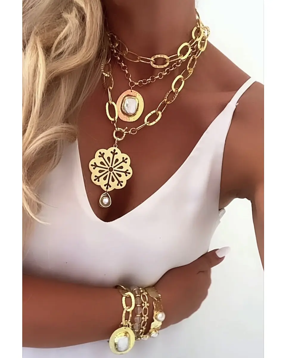 Collar XL Maxi Mandala Perla eslabones martillados gold 1