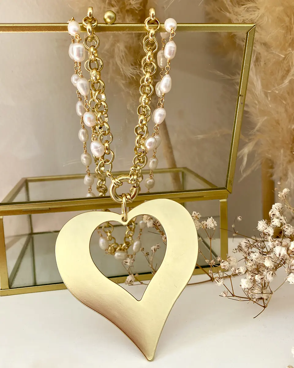 Collar Maxi Corazon con Doble Cadena Mixta Perlas gold 2