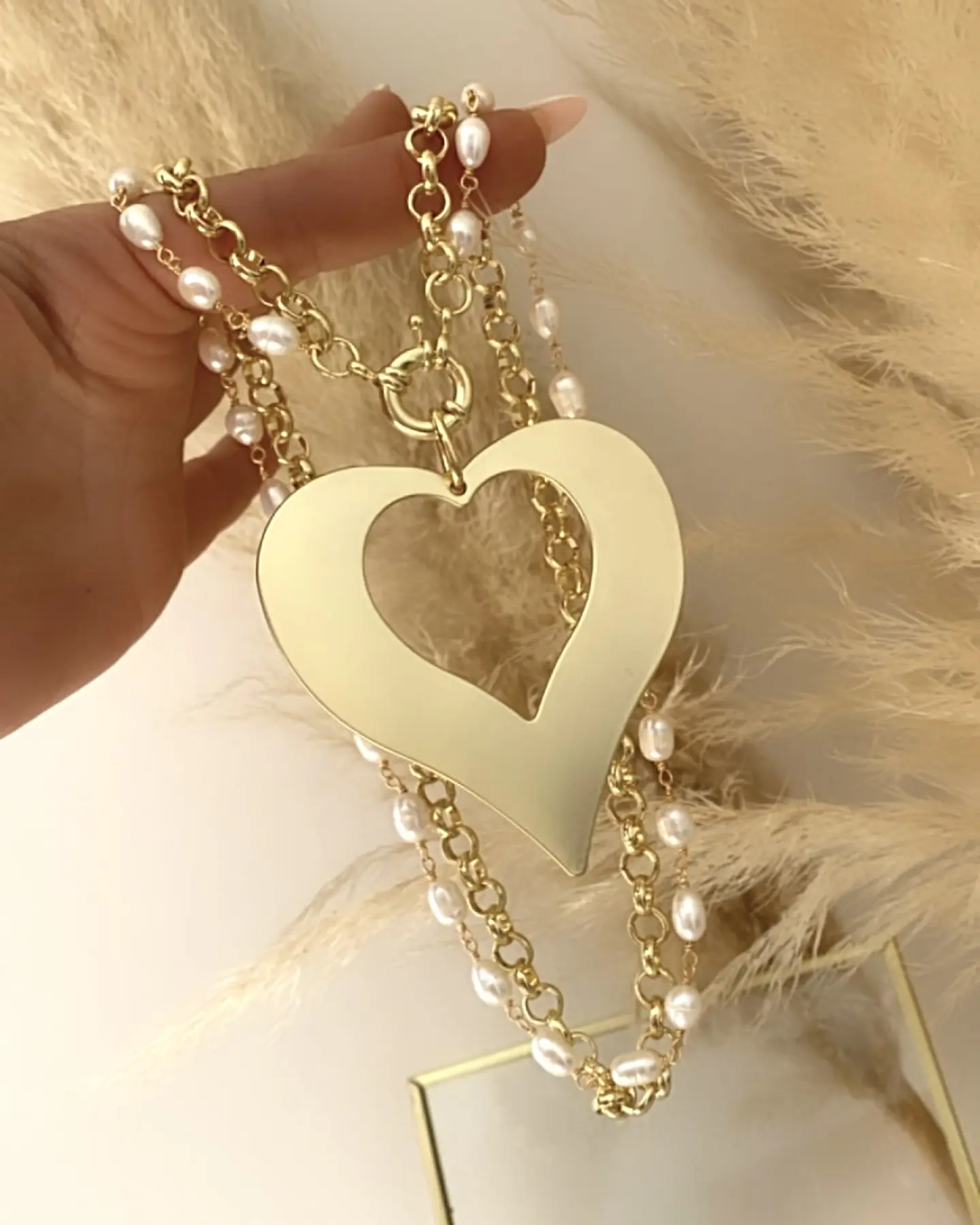 Collar Maxi Corazon con Doble Cadena Mixta Perlas gold 3