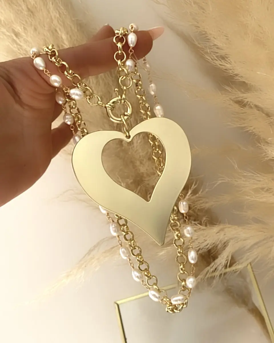 Collar Maxi Corazon con Doble Cadena Mixta Perlas gold 3