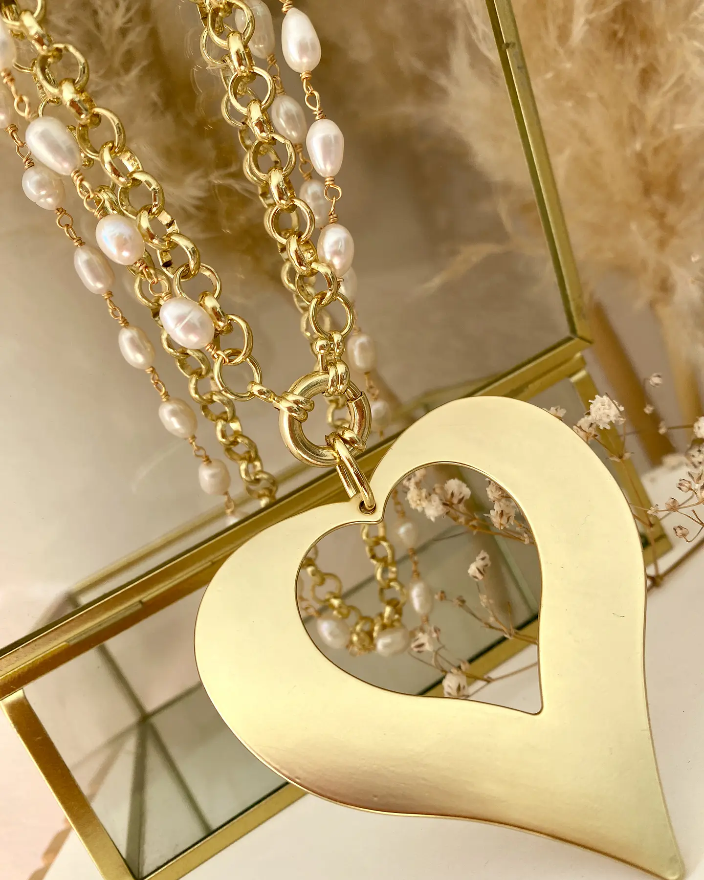 Collar Maxi Corazon con Doble Cadena Mixta Perlas gold 4