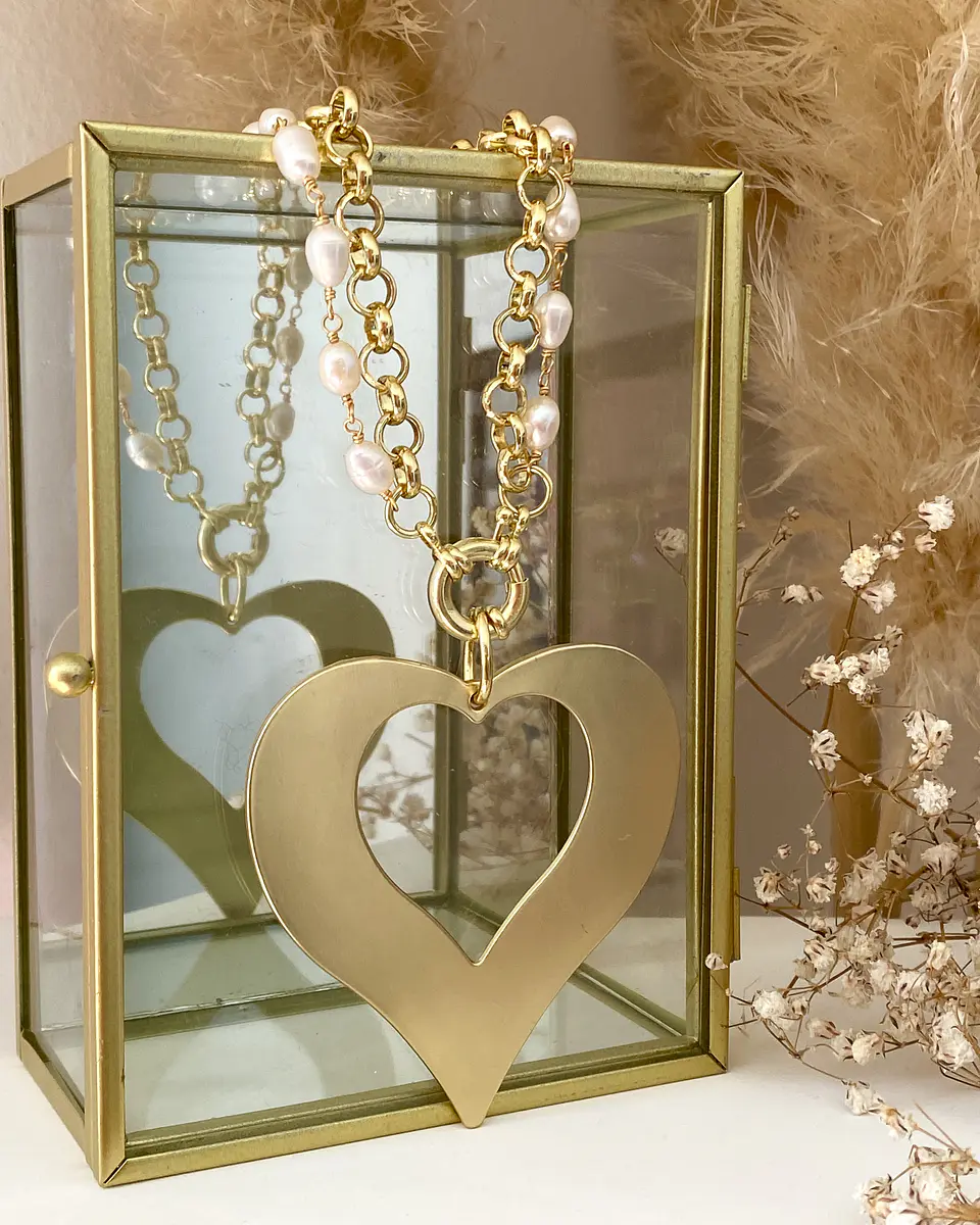 Collar Maxi Corazon con Doble Cadena Mixta Perlas gold 5