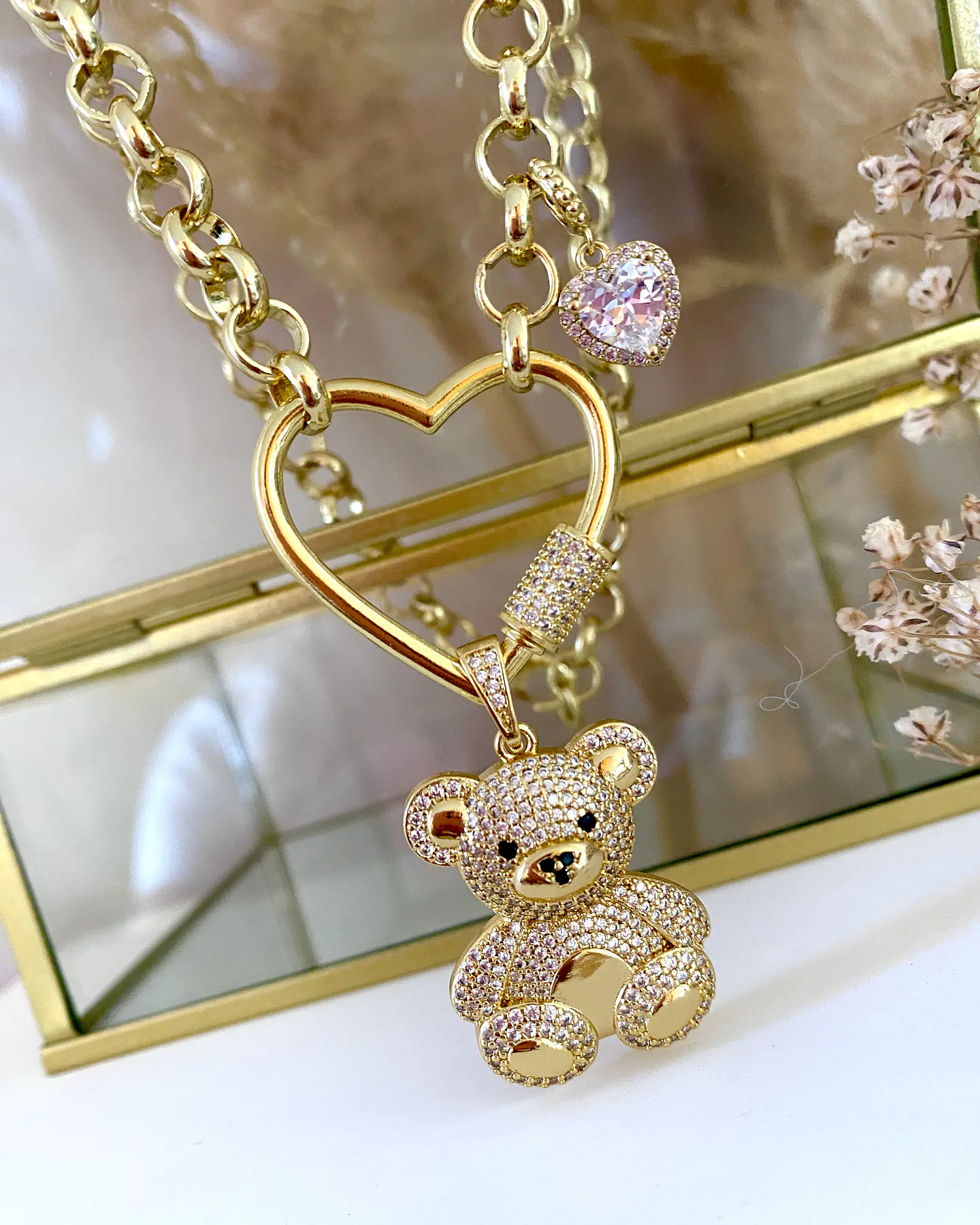 Collar Osito Circones Conector Corazón punto de luz Gold 6