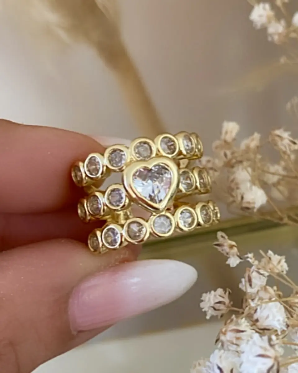 Maxi Anillo Triple Banda Circones Corazón Cristal Gold 5