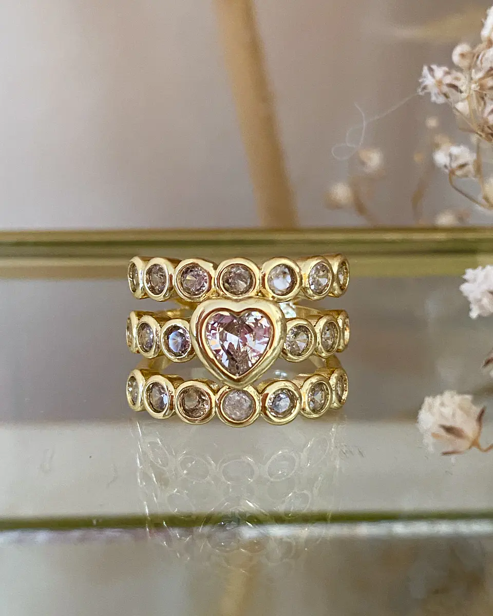 Maxi Anillo Triple Banda Circones Corazón Cristal Gold 2