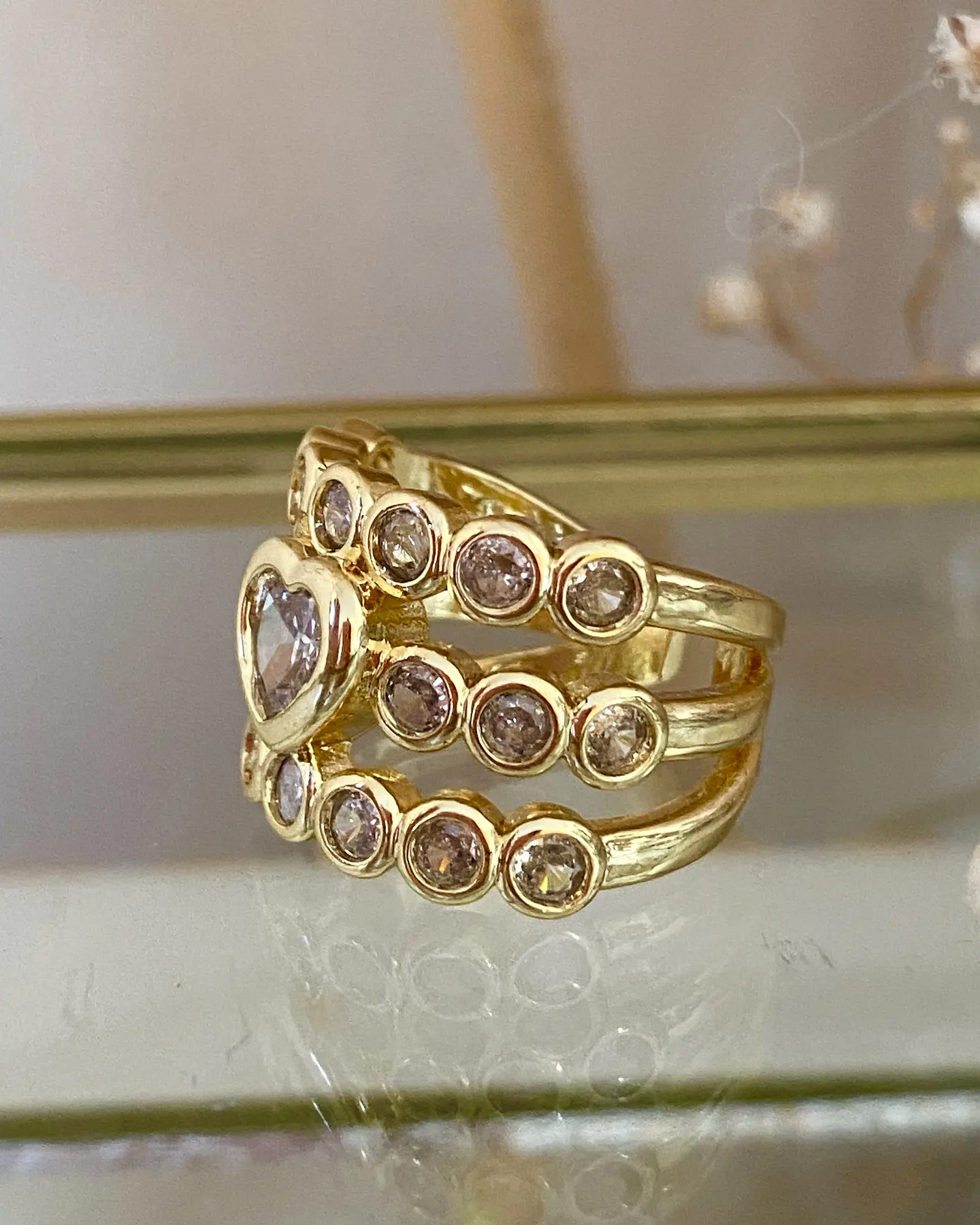 Maxi Anillo Triple Banda Circones Corazón Cristal Gold 3