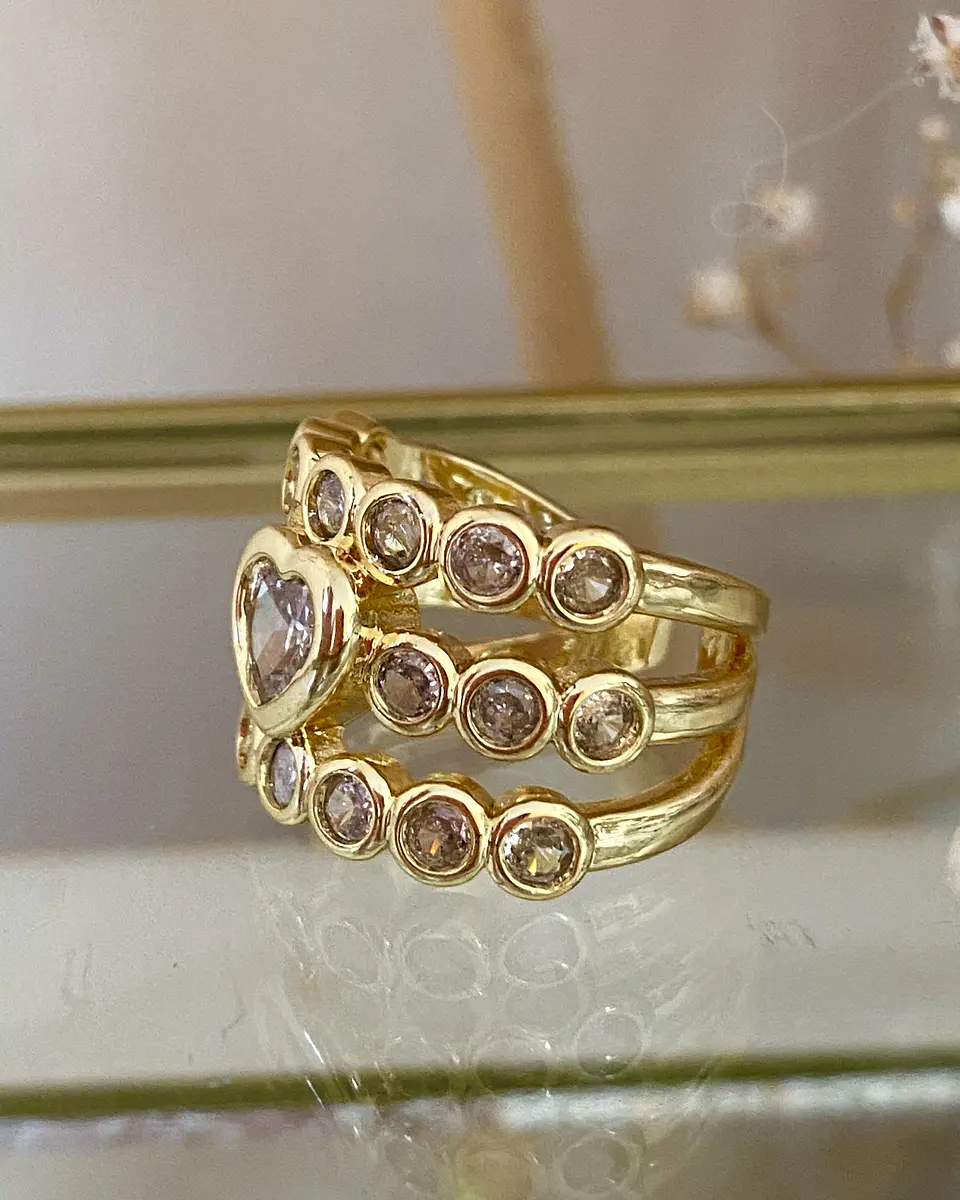 Maxi Anillo Triple Banda Circones Corazón Cristal Gold 3
