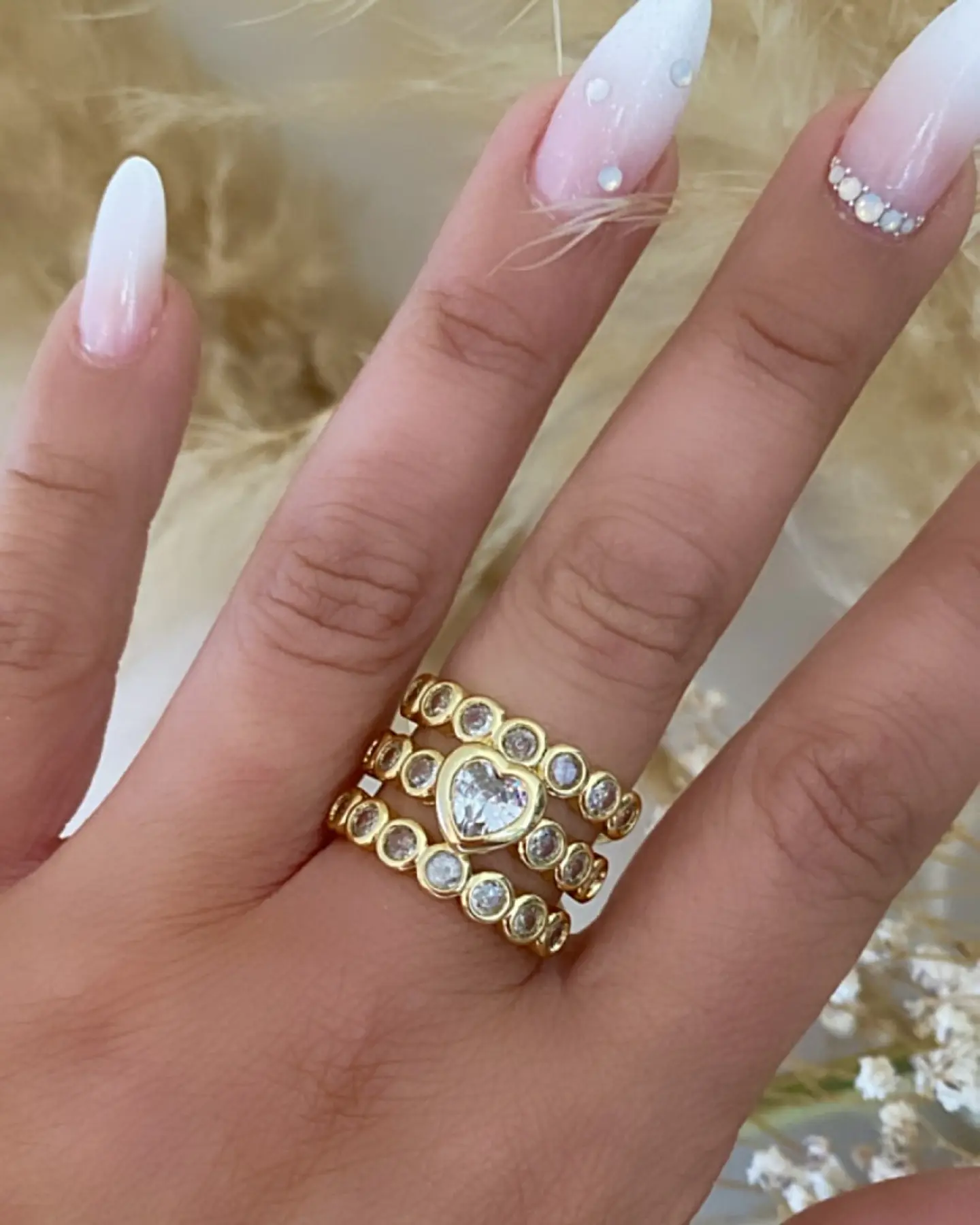 Maxi Anillo Triple Banda Circones Corazón Cristal Gold 6